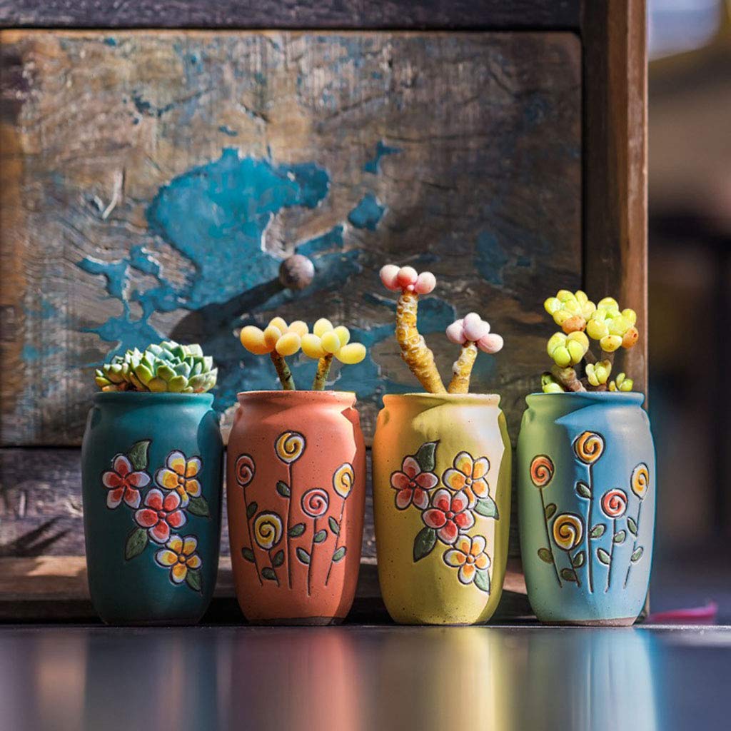 2.5 Inch Hand Painted Ceramic Succulent Planter Pots with Drainage Hole & Saucer - Set of 4 Round Cactus Planters in Green, Yellow, Orange & Blue - Perfect for Home Decor, Office Desk & Indoor Gardening Gifts