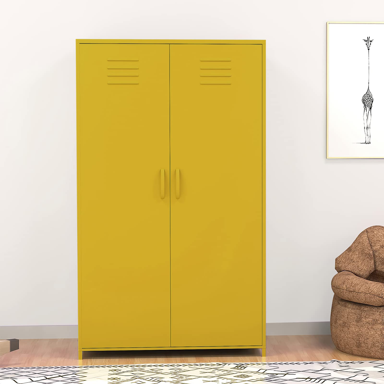 Yellow Steel Locker Cabinet - Double Door Metal Storage Locker with Hanging Rod & Shelves for Bedroom, School, Classroom - Perfect for Organizing Toys, Clothes & Sports Equipment