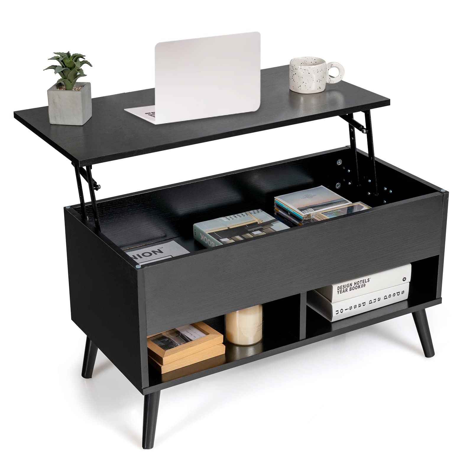 Tangkula Lift Top Coffee Table with Hidden Storage - Wooden Lift Tabletop Dining Table with 2 Open Shelves & Metal Hydraulic Lifting Device - 4 Pine Legs - Modern Rising Tabletop Center Table for Living Room, Office, or Small Space