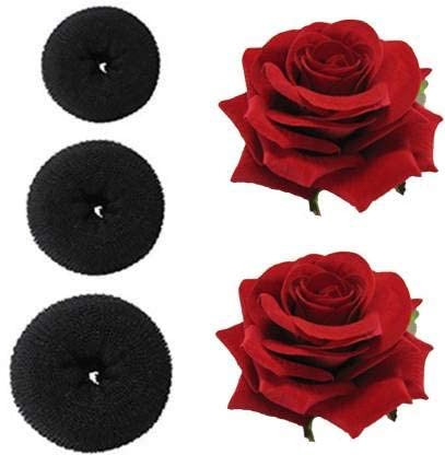 Pranavi Collection Hair Donut Bun Maker - Small, Medium & Large 3-Size Combo with 2 Red Rose Hair Pins - Perfect for Updos, Weddings & Special Occasions