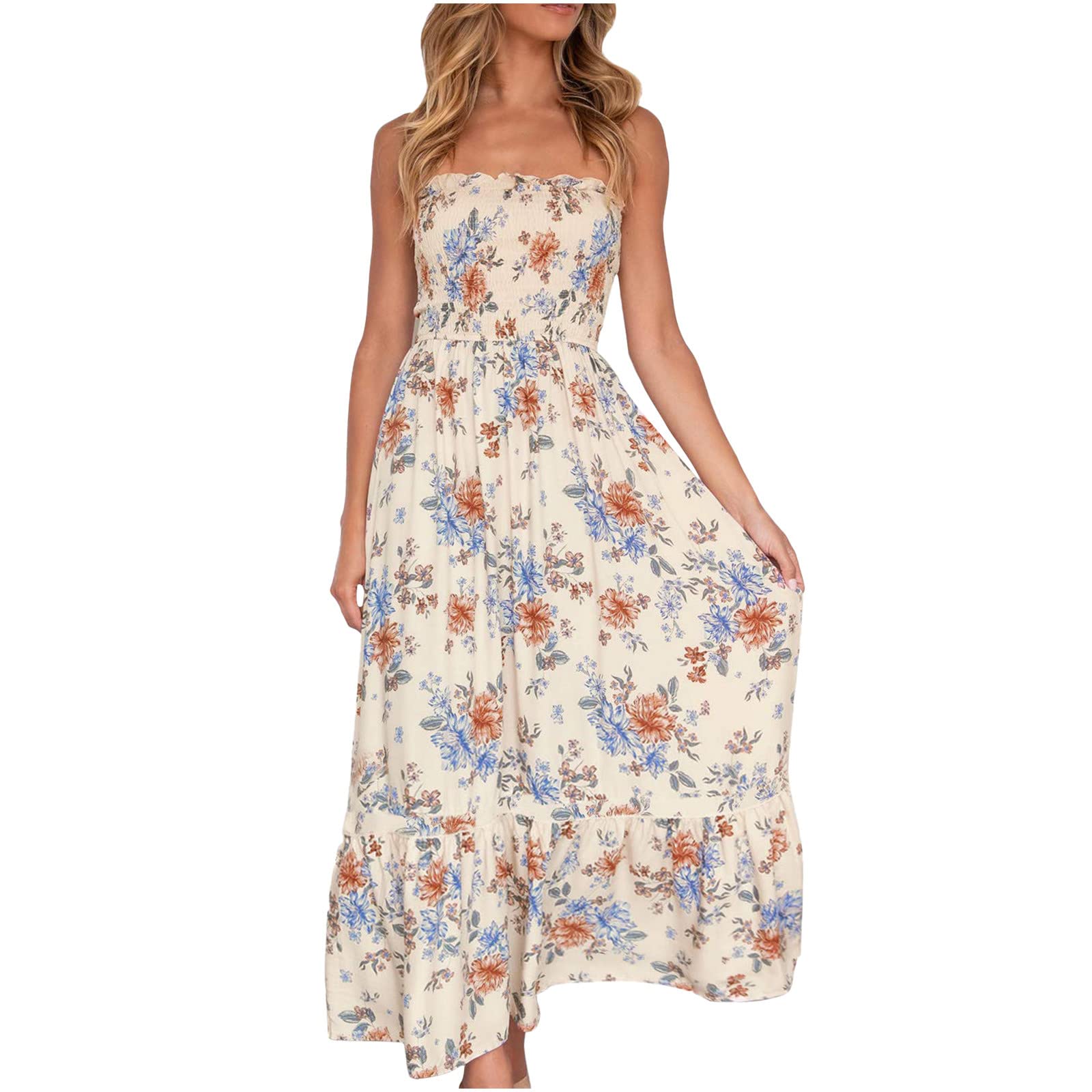 Women's Floral Print Flowy Maxi Dress - Plus Size Elegant High Waisted Ruffle Summer Beach Dress for Vacation, Party & Casual Wear