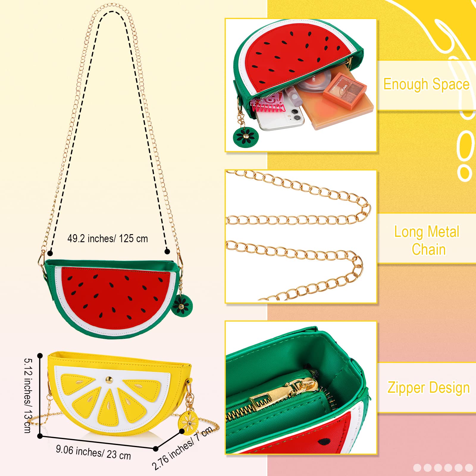Set of 4 Cute Fruit-Shaped Shoulder Bags - Avocado, Orange, Lemon & Watermelon Crossbody Purse for Women | Novelty Mini Wallet & Fashion Accessory | Perfect for Beach, Shopping, Travel & Everyday Use