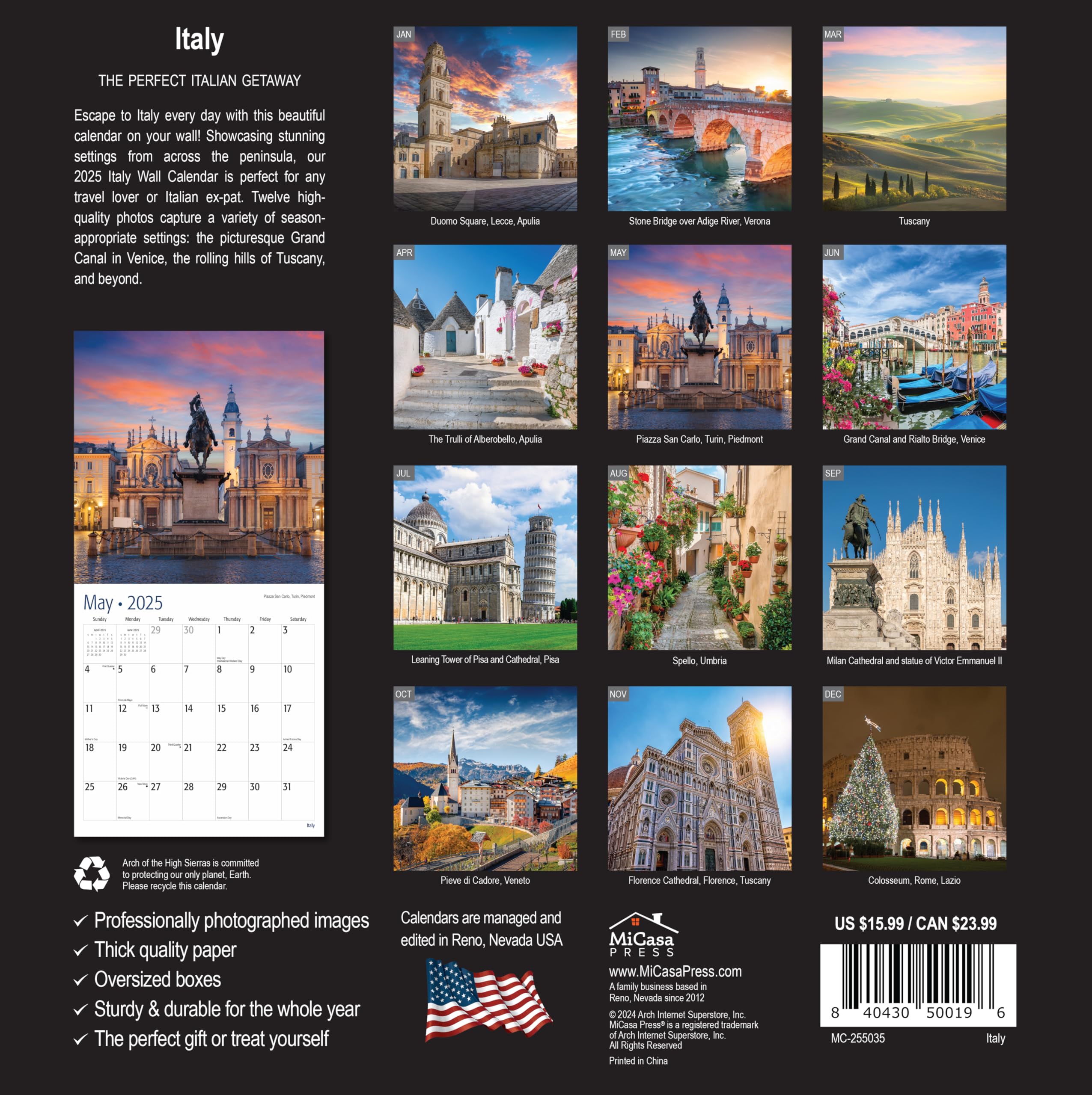 MICASA PRESS - Italy 2025 Wall Calendar 12 Months | 12