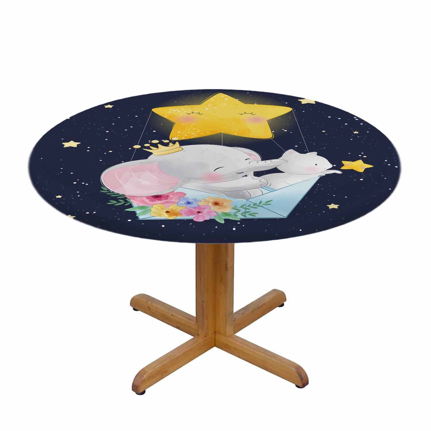 Beabes 48 Inch Round Polyester Tablecloth - Smile Elephant & Kitty Star Space Design, Washable & Durable for Dinner, Kitchen, Home & Party Decor | Perfect for Indoor & Outdoor Gatherings, Birthday Celebrations & Holiday Dining