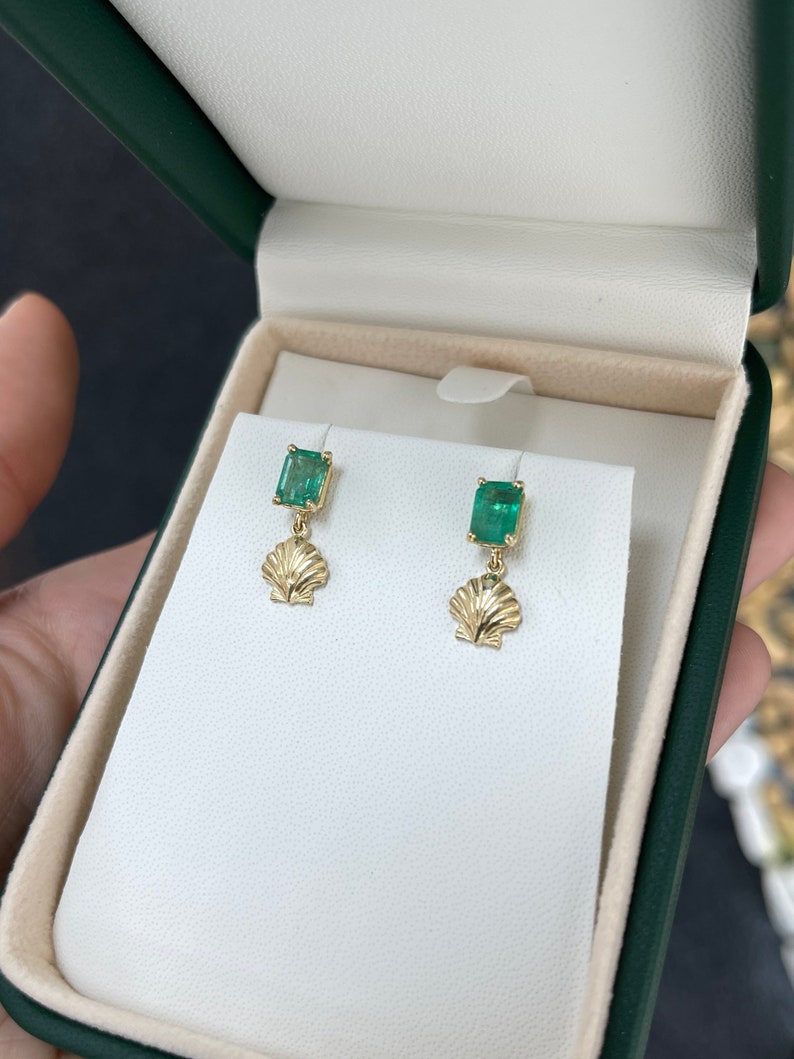 14K Gold Emerald & Gold Ocean Sea Shell Dangle Stud Earrings - 1.90tcw Elegant Jewelry for Women, Beach Wedding, Party & Gift Giving