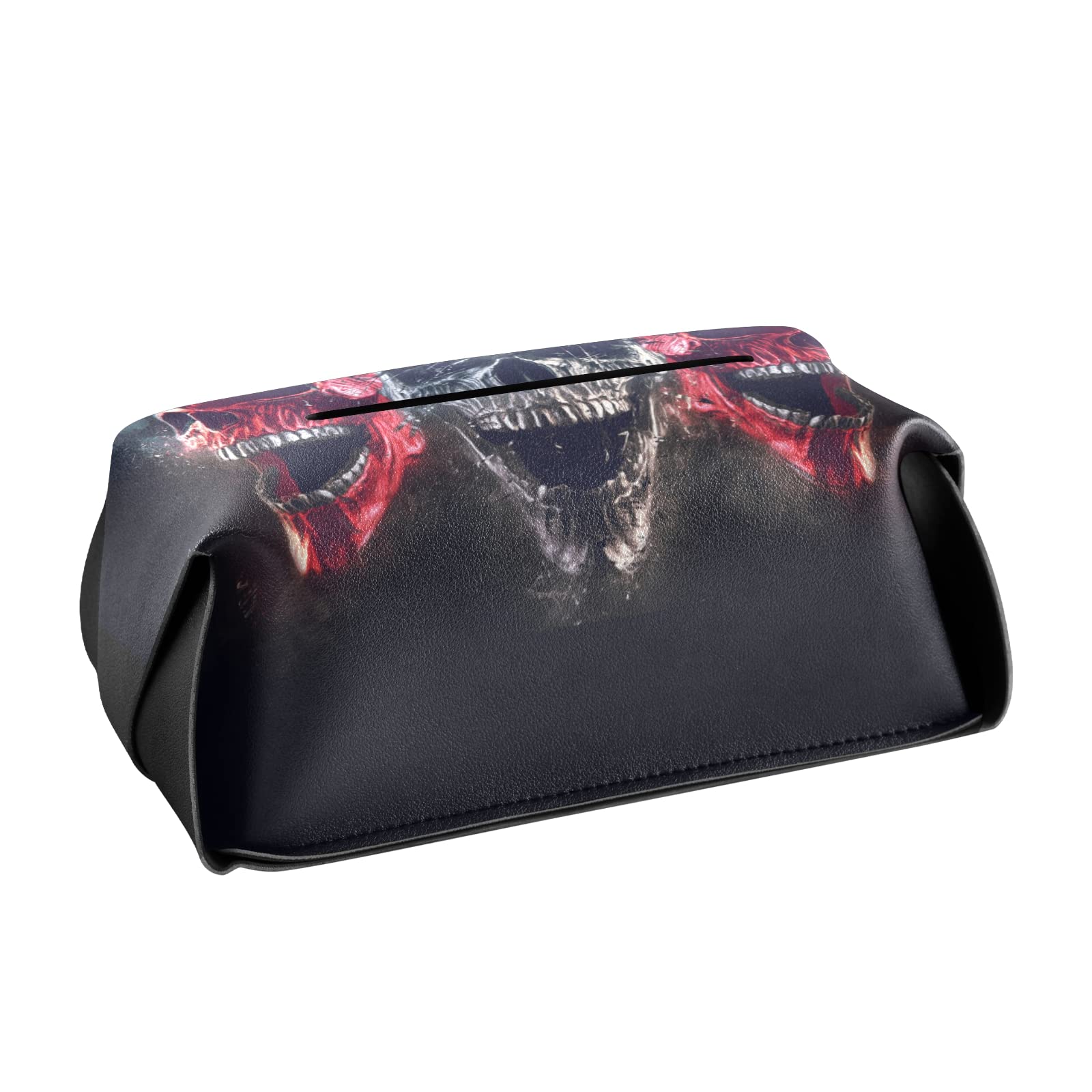 Gothic Metal Demon Skull Tissue Box Cover - Black Leather with Grey & Red Skulls, Handle for Bathroom, Home, Office & Car (9.4x5.1x3.6 in) - Perfect for Halloween Decor, Horror Theme Rooms & Gothic Home Accessories
