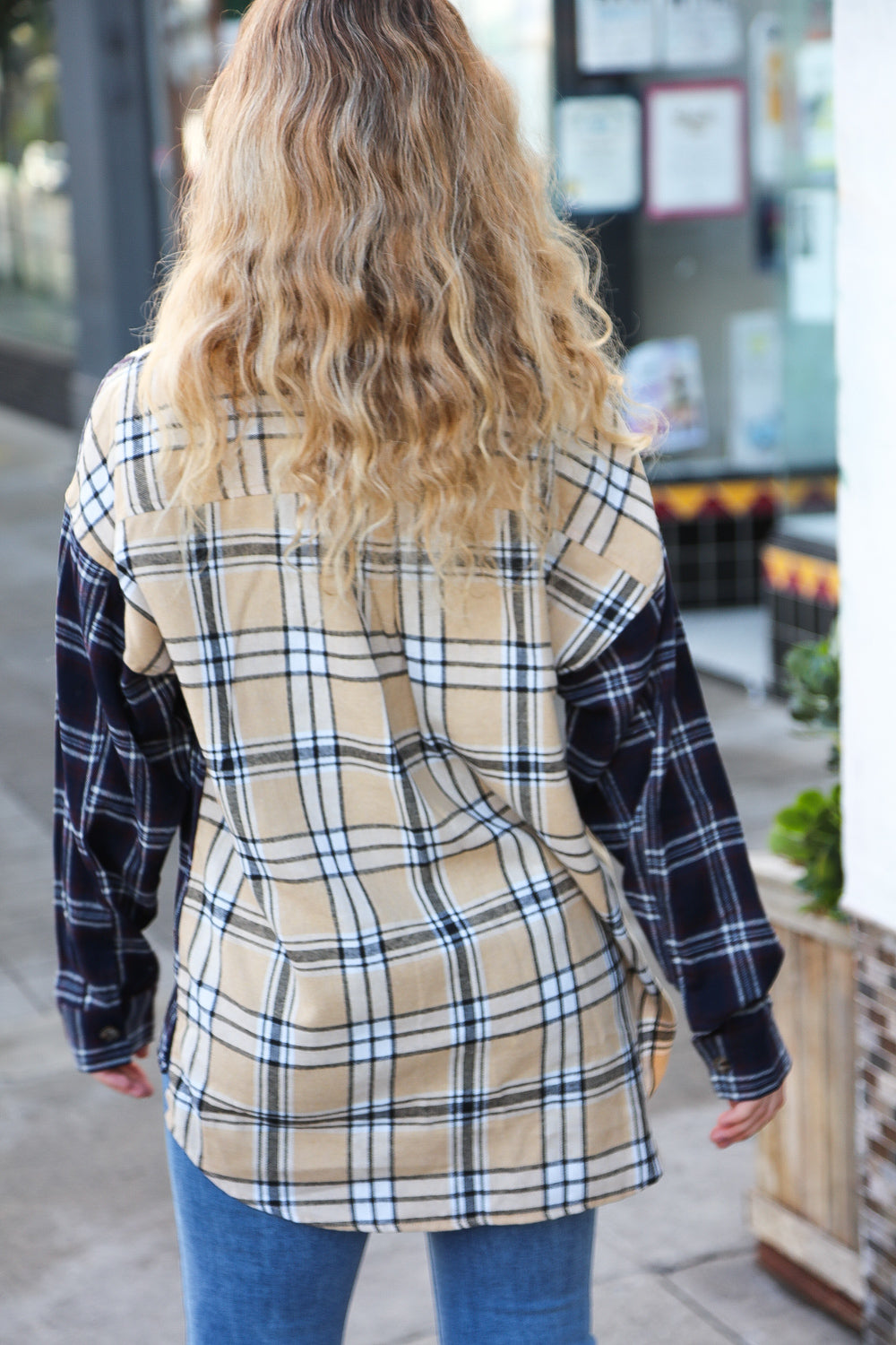 Navy & Beige Cotton Plaid Hi-Lo Shirt Top for Women - Casual Long Sleeve Tunic Blouse - Perfect for Fall Outfits, Layering and Everyday Wear