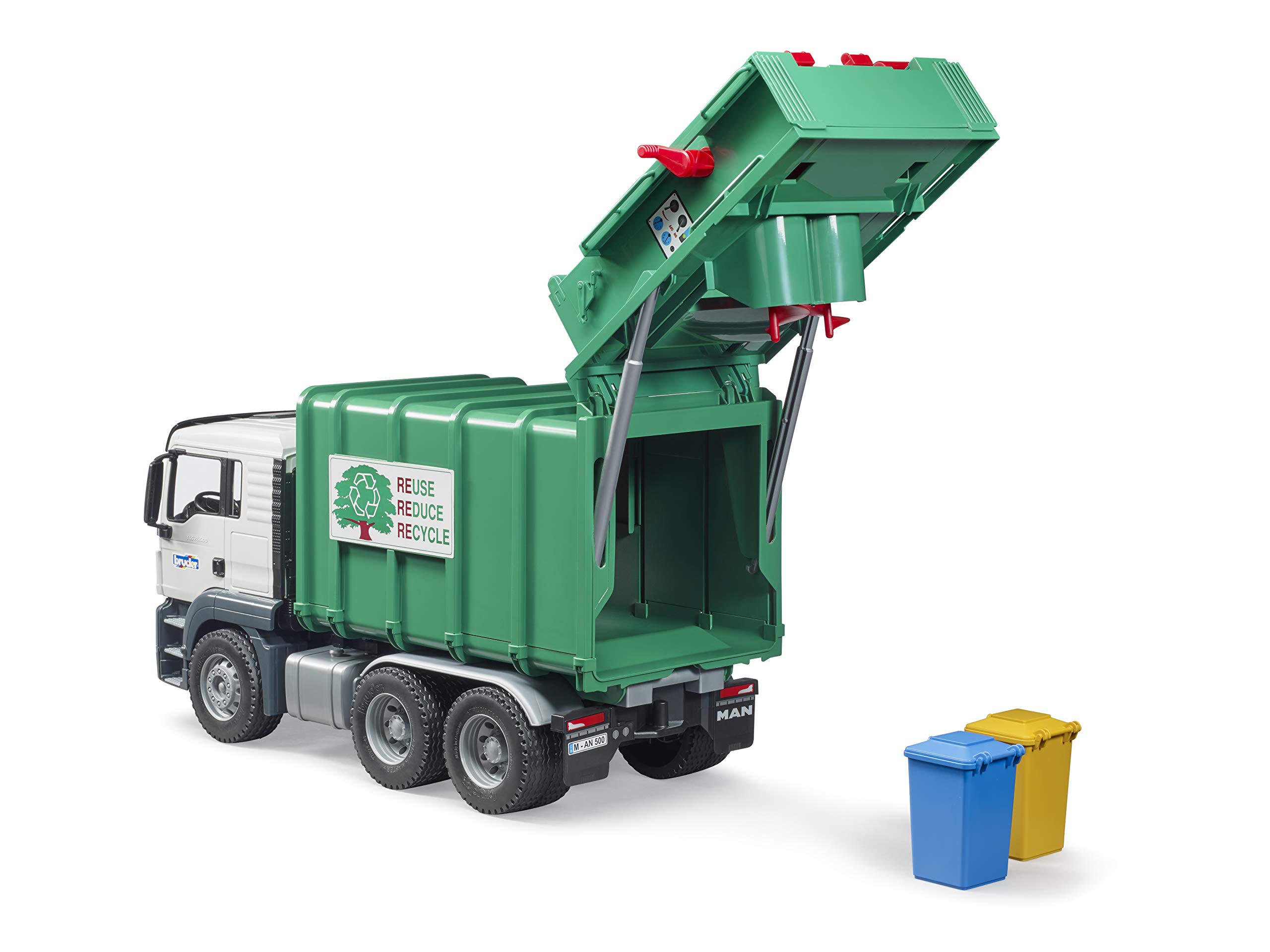 Bruder 03763 Man TGS Rear Loading Garbage Truck Toy - Green Dump Truck for Kids Pretend Play, Waste Collection & Recycling Educational Fun