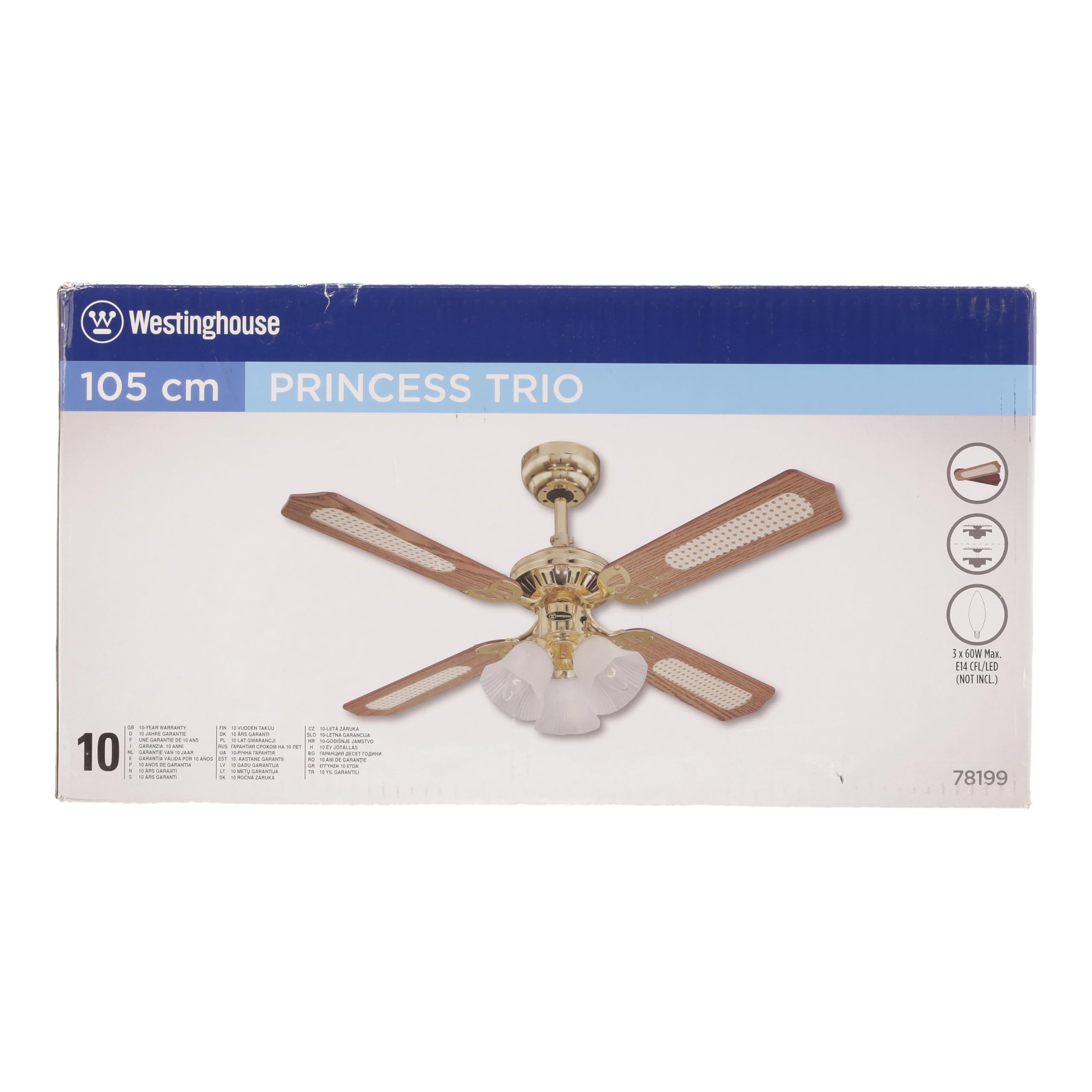 Westinghouse 78199 Princess Trio 52-Inch Indoor Ceiling Fan with Light Kit - Frosted Glass, Polished Brass Finish, Reversible Oak/Cane/Mahogany Blades - Perfect for Bedroom, Living Room & Home Office