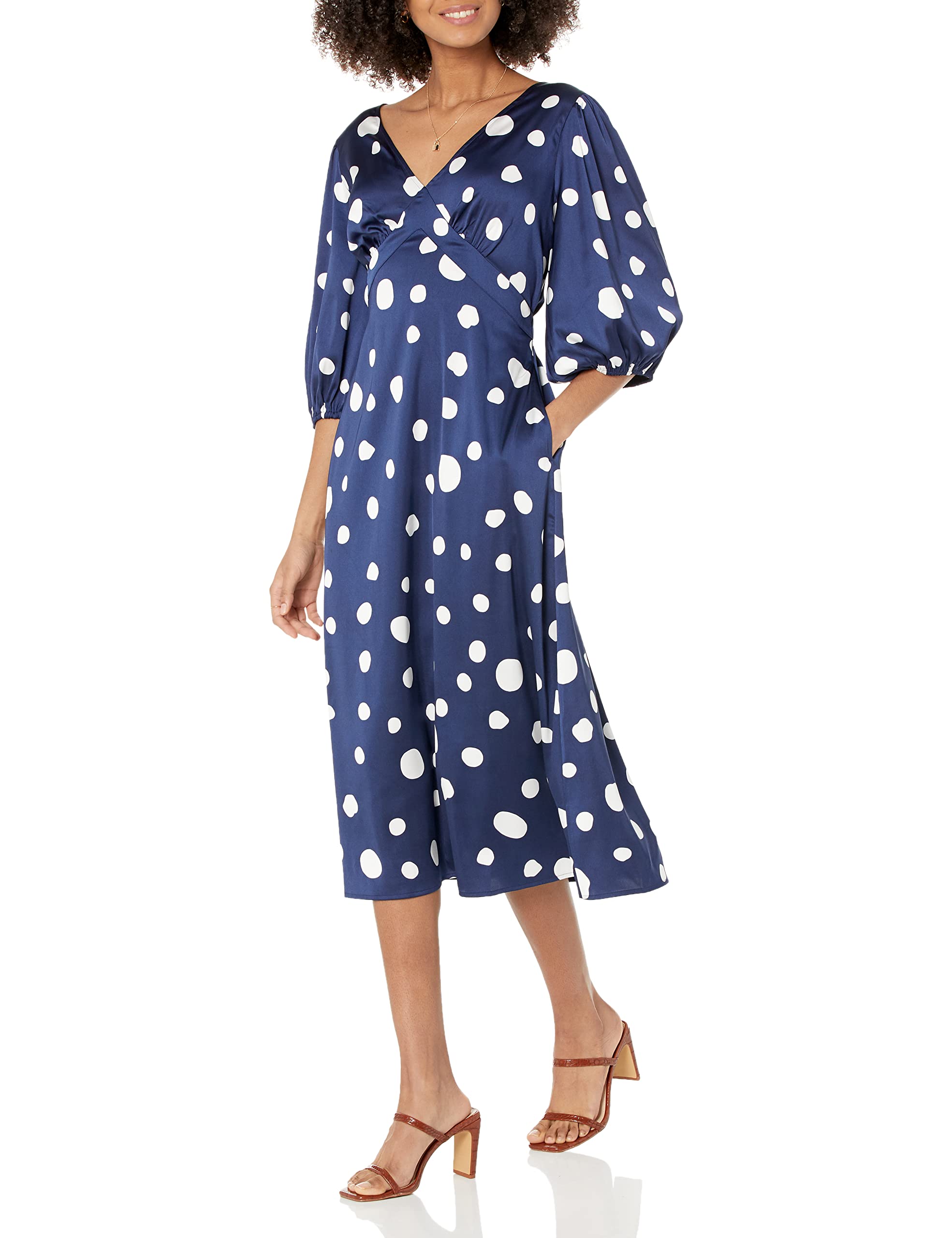 The Drop Women's Athena V-Neck Silky Midi Dress - Elegant & Comfortable for Work, Date Night & Special Occasions