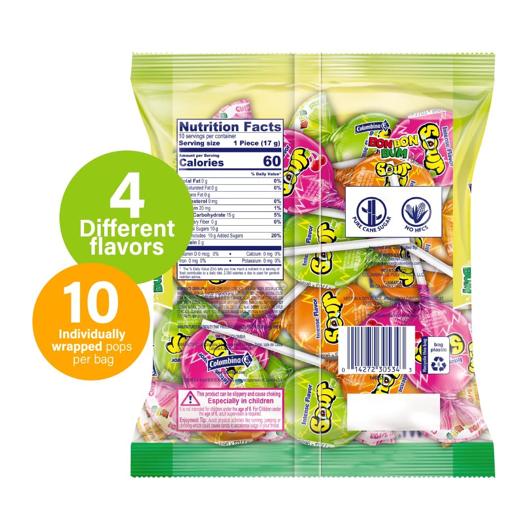 Bon Bon Bum Sour Bubble Gum Pops - 6oz Pack of 12 for Parties & Gifts