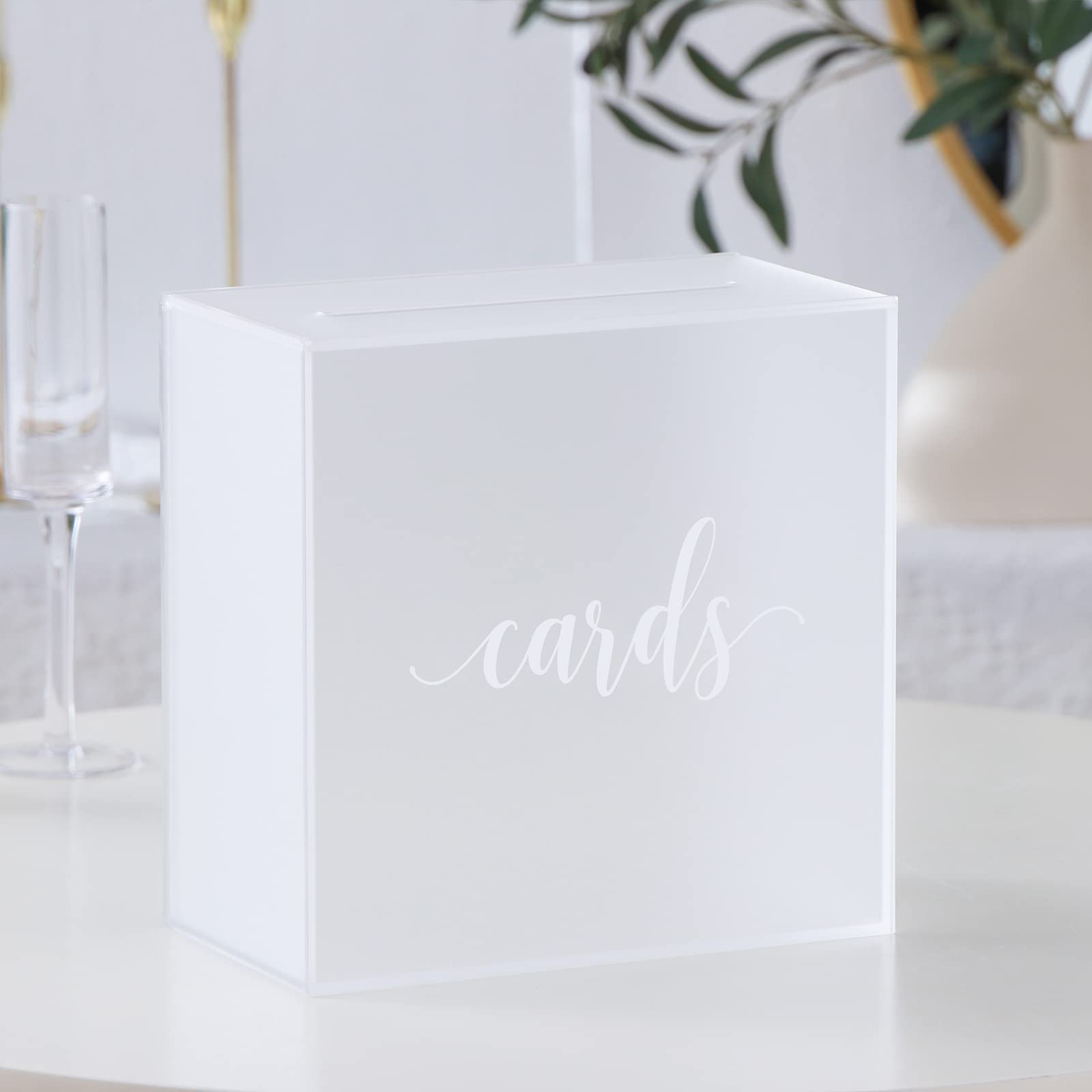 UNIQOOO Frosted Acrylic Wedding Card Box with Slot - 10x10x5.5 Inch Large Clear Money Gift Box for Wedding Receptions, Birthday Parties, Memory Keepsakes & Suggestion Boxes - Elegant White Print Design | Perfect for Wishing Wells, Ballot Voting & Special Event Decor