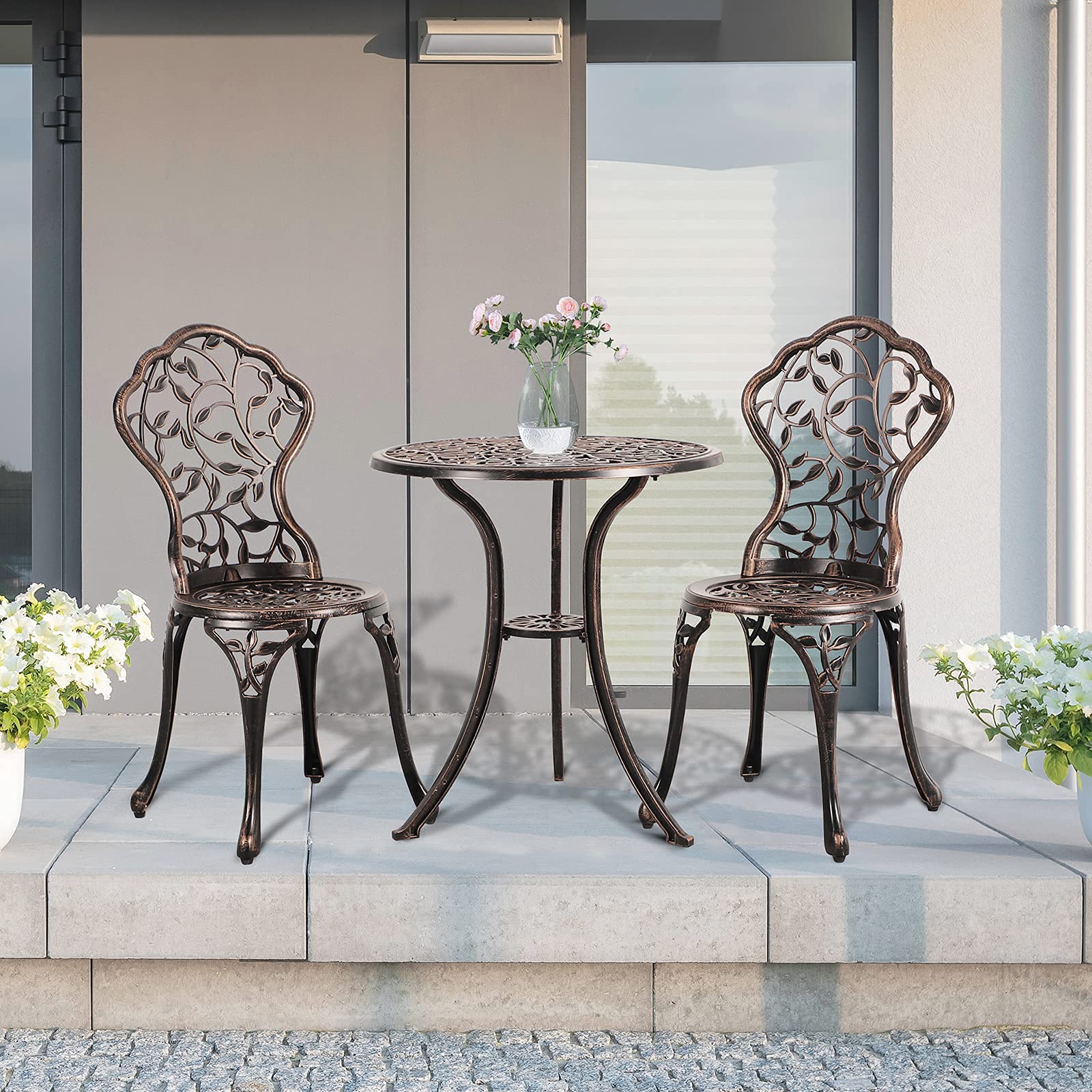 Patiorama 3-Piece Outdoor Bistro Set - Cast Aluminum Patio Furniture with Rust-Resistant All-Weather Design, Decorative Leaf Pattern & Antique Copper Finish - Perfect for Garden, Balcony or Backyard Relaxation