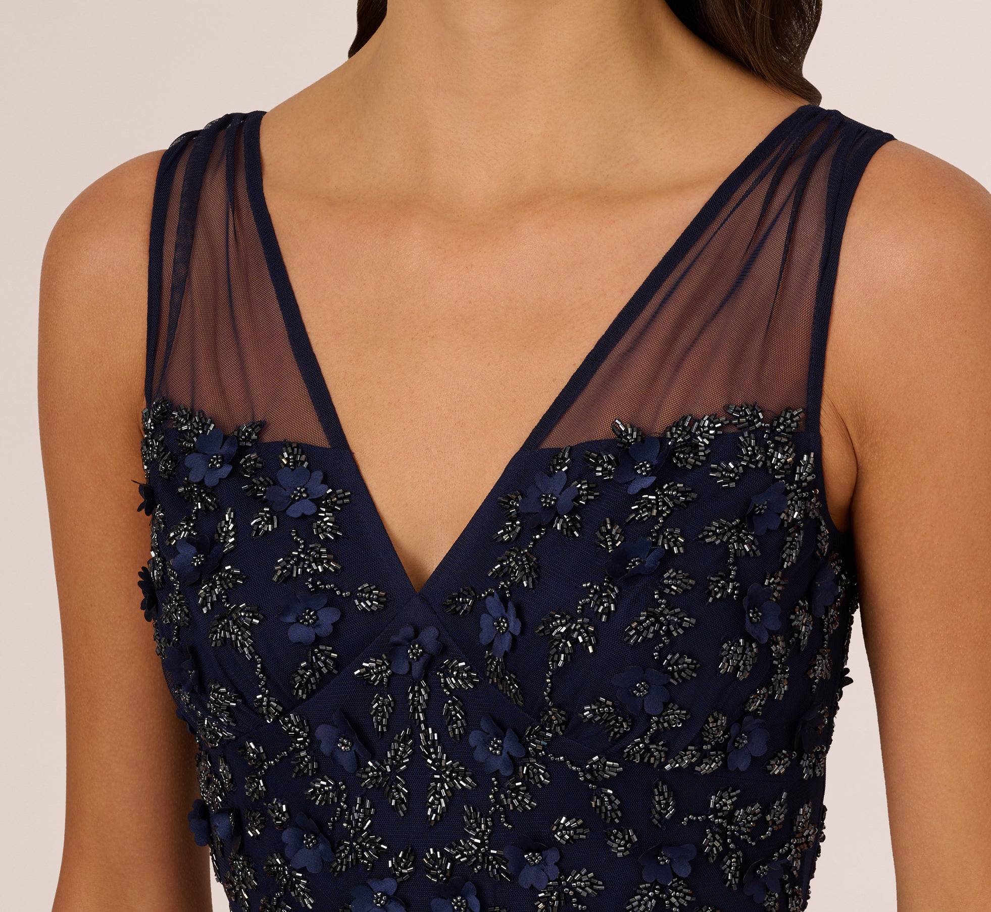 Elegant Sleeveless 3D Petal Beaded Illusion Gown in Light Blue - Perfect for Evening Galas, Prom Nights & Formal Events