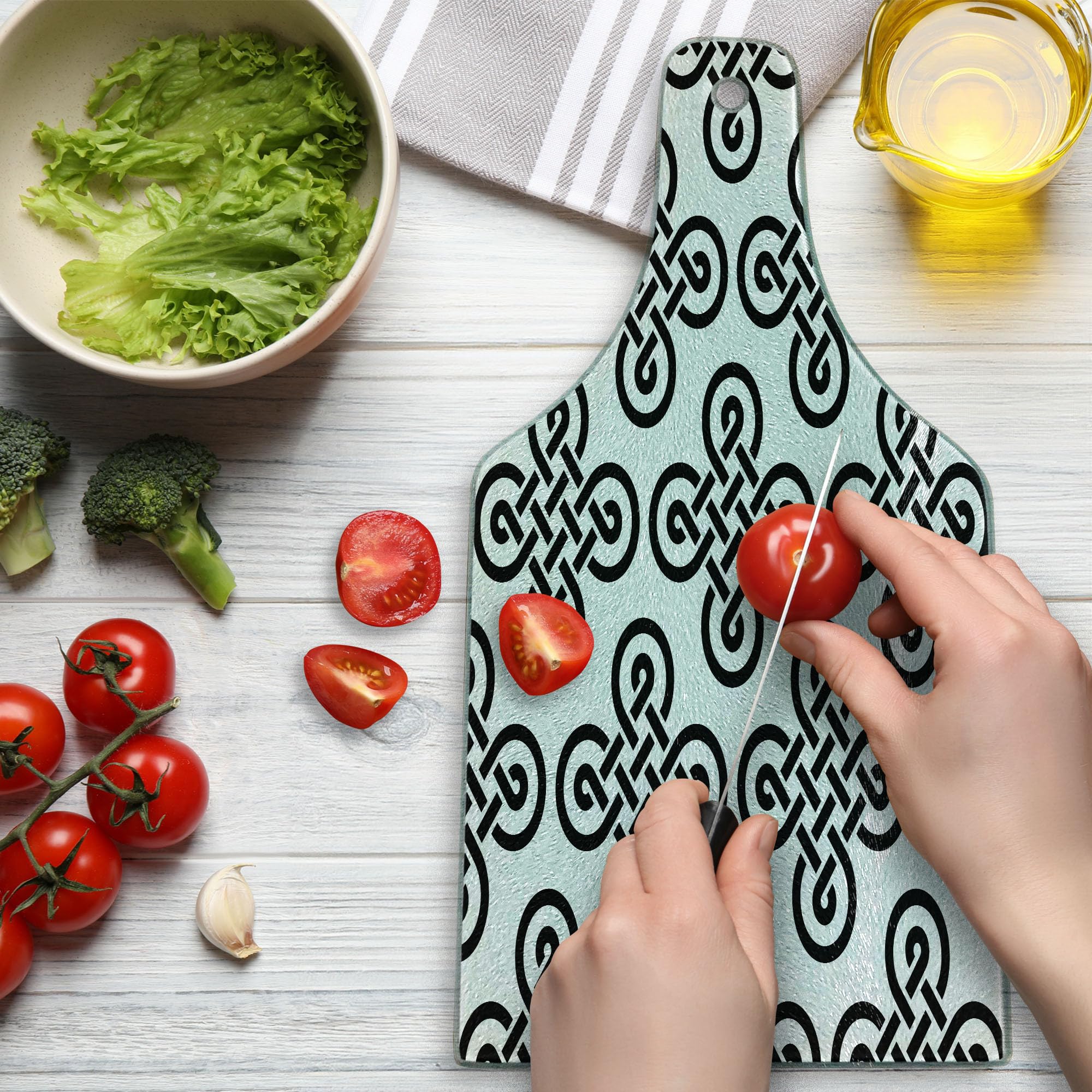 Ambesonne Celtic Tempered Glass Cutting Board - Irish Knot Design, Black & White Wine Bottle Shape - Durable Kitchen Serving Board for Cheese, Charcuterie & Entertaining
