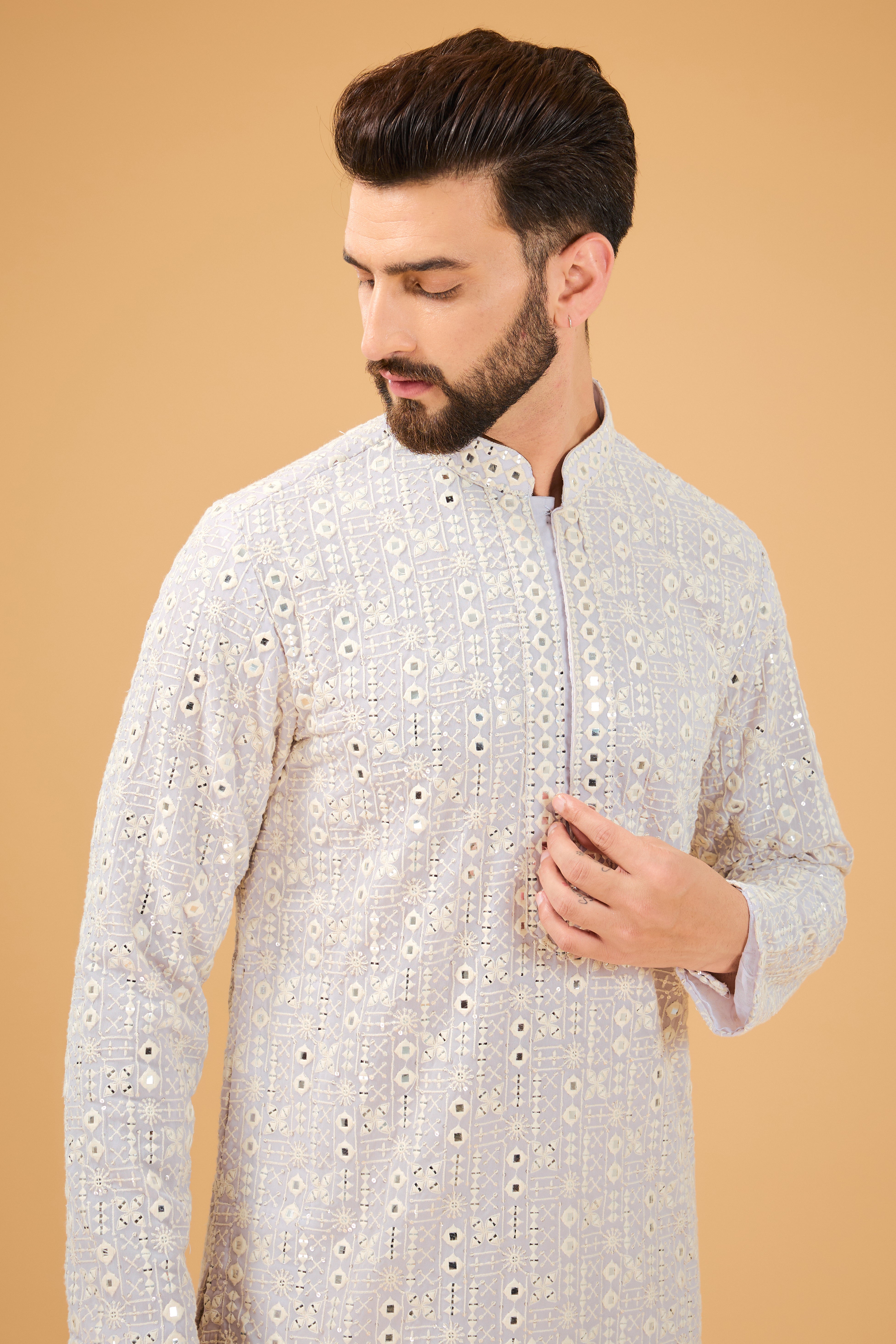 Lilac Mirror Work Kurta with Intricate Neckline - Elegant Embroidered Indian Tunic for Women - Perfect for Festivals, Weddings & Special Occasions