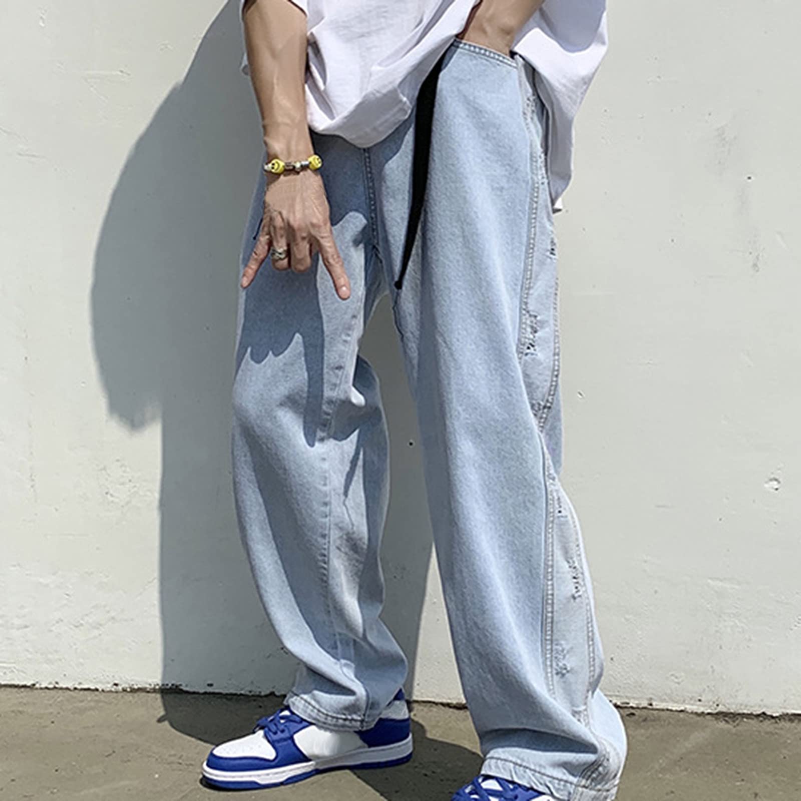 Men's Loose Fit Wide Leg Jeans - Plus Size Light Blue Denim Pants for Street Fashion | Casual Wear & Everyday Comfort