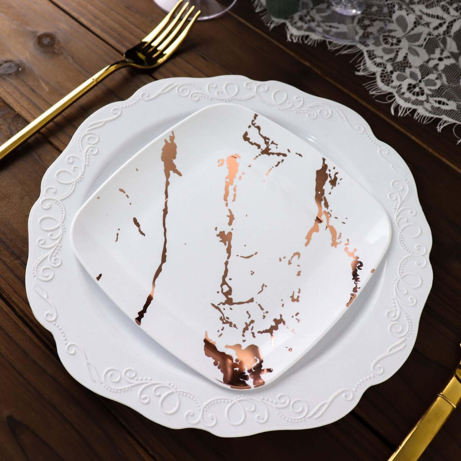 Efavormart 10 Pack White Rose Gold Marble 6 Inch Square Plastic Appetizer Dessert Plates - Disposable Party Plates for Weddings, Birthdays, Baby Showers & Special Events