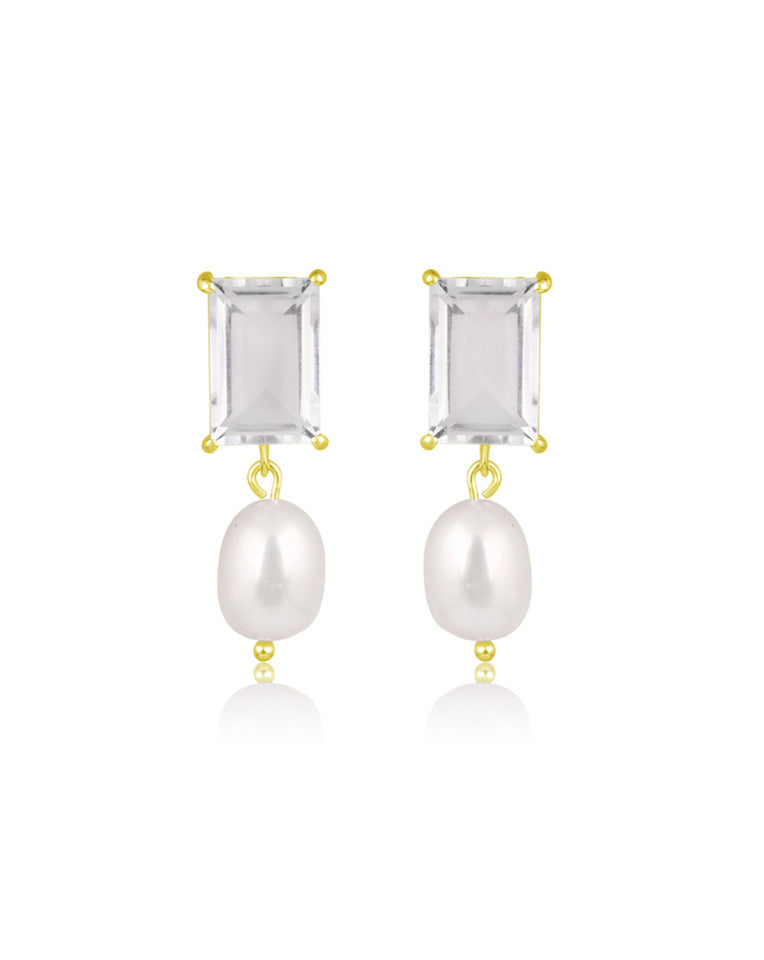 Modern Chic Clear Quartz Stud Earrings with Baroque Pearl Drop for Wedding | Thea by Lola Knight | Elegant Bridal Jewelry for Ceremony & Reception