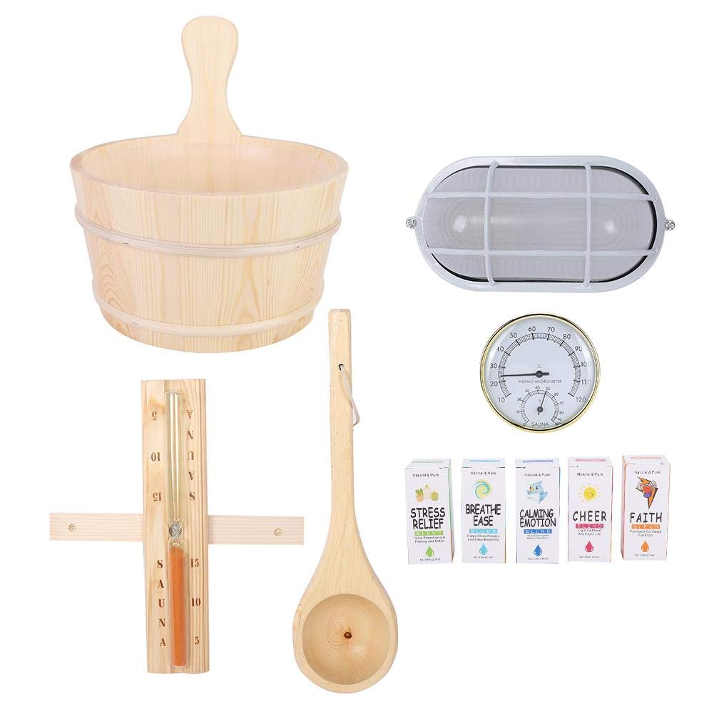 TOPINCN Premium Sauna Accessories Set - Hygrothermograph, Essential Oils, Explosion-Proof Lamp, Hourglass & Wooden Barrel Spoon for Spa & Home Relaxation