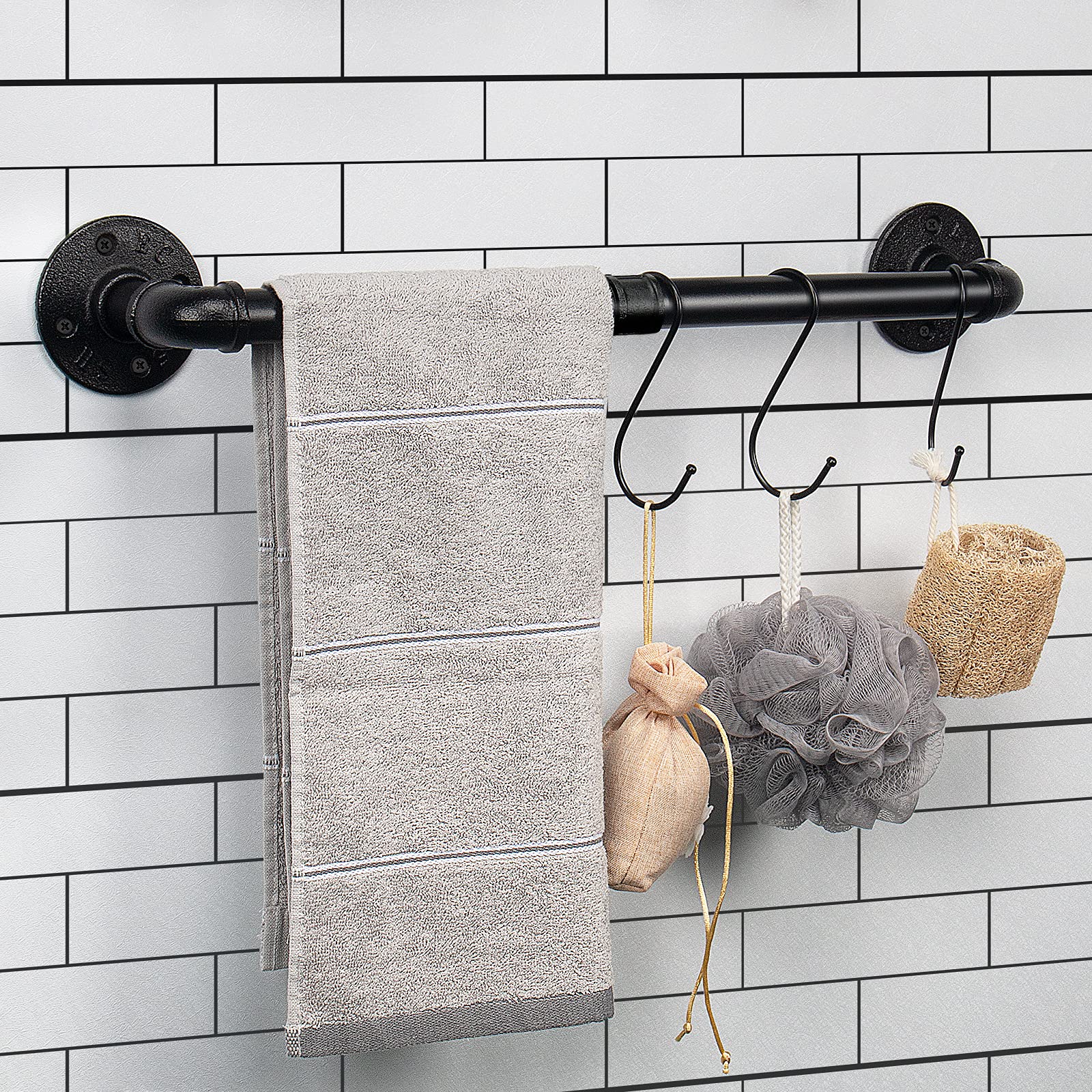 Industrial Iron Pipe Towel Rack Set - 5 Piece Bathroom Accessories Kit with Wall-Mounted Towel Bar, Toilet Paper Holder & 3 Robe Hooks (Black, 18 Inch) - Perfect for Modern Farmhouse, Loft & Industrial Style Bathrooms
