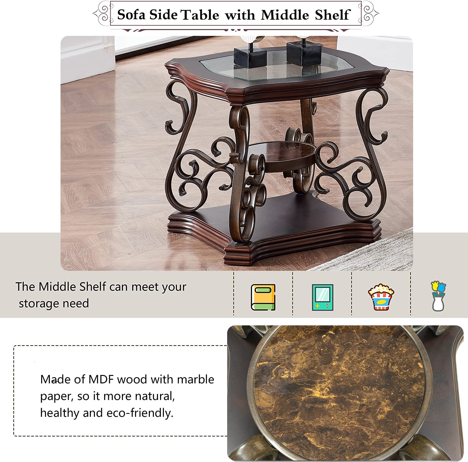 2-Tier Oval End Table with Glass Top & Metal Legs - Traditional Side Table with Shelf & Powder Coat Finish for Living Room, Office - Dark Brown | Perfect for Sofa, Bedside & Small Spaces