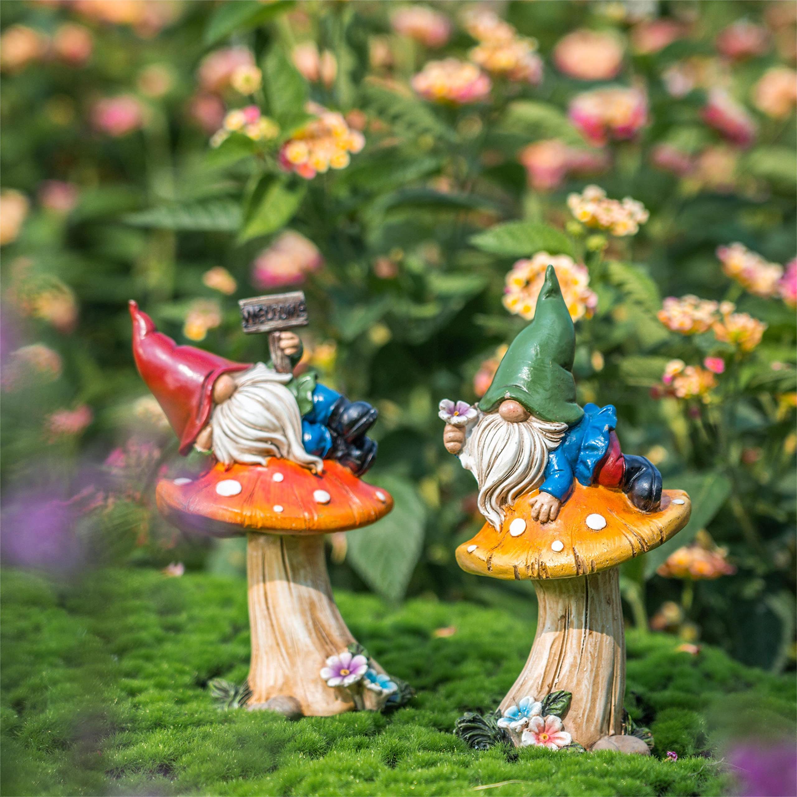 TERESA'S COLLECTIONS Garden Gnome Statues Set of 2 - Cute Outdoor Gnomes on Mushrooms for Yard, Patio, Porch & Lawn Decor - Perfect Gift for Spring, Birthday, Housewarming & Mother's Day - Great for Garden Themed Parties & Fairy Tale Landscaping