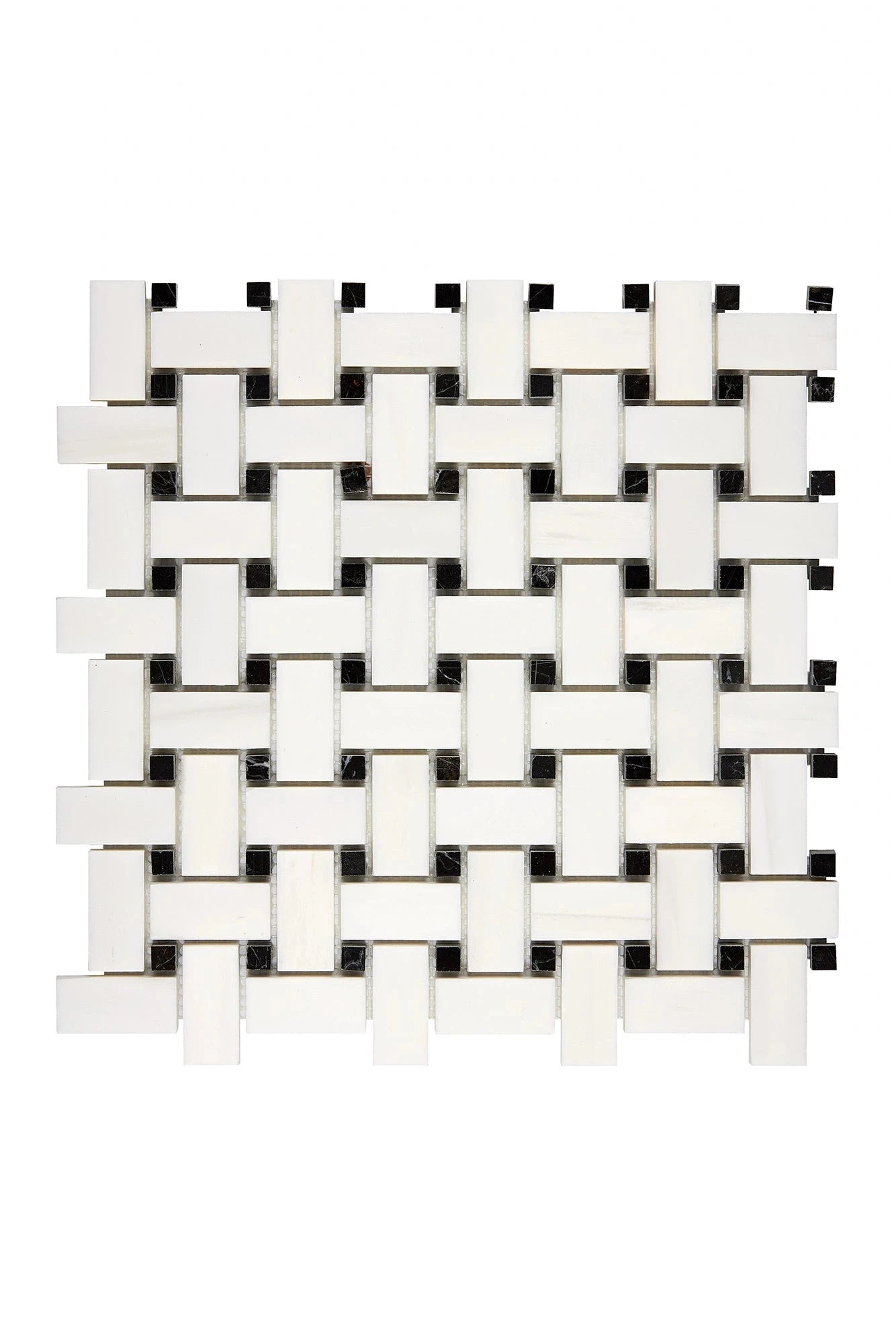 Bianco Dolomite Basketweave Mosaic Tile with Black Dots - Elegant Kitchen Backsplash & Bathroom Wall Decor for Modern Homes