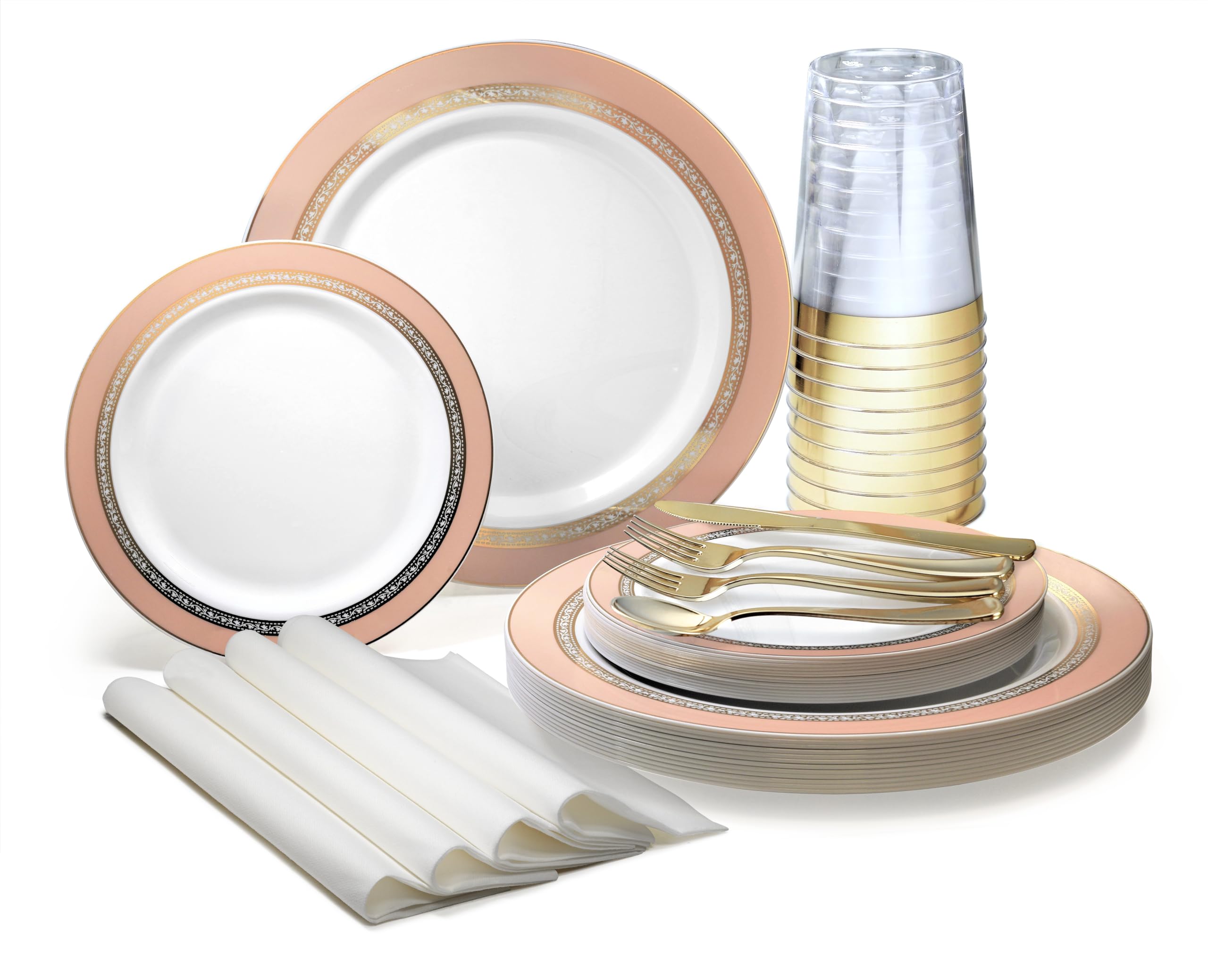 960-Piece Heavyweight Disposable Wedding Party Plate Set - 120 x 10.5'' Dinner Plates, 120 x 7.5'' Dessert Plates, Silverware, Cups & Napkins (Ritz Blush & Gold) - Perfect for Weddings, Bridal Showers, Anniversaries & Formal Events