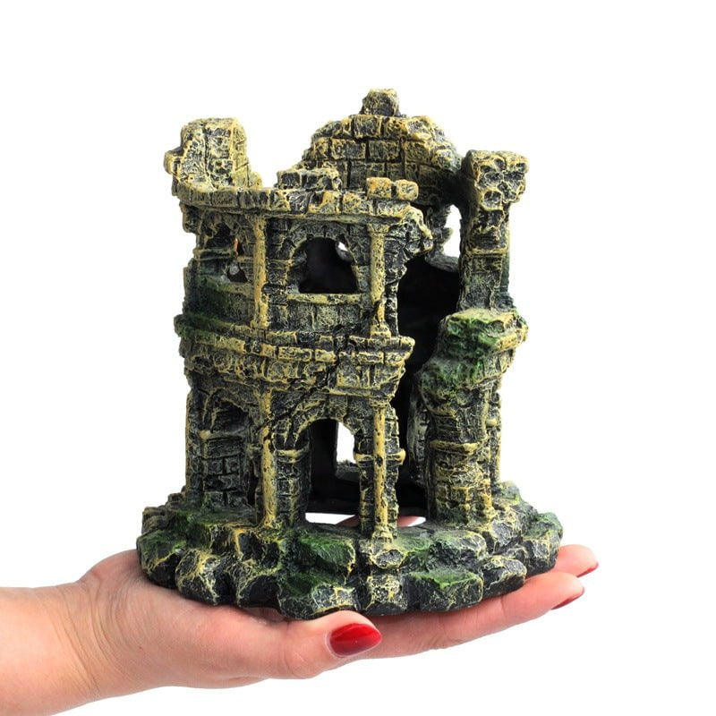 RQ20122 Broken Tower Aquarium Decoration - 15.5x15x16cm Fish Tank Ornament for Betta, Goldfish, Shrimp | Underwater Castle Theme Decor for Home & Office Aquascaping