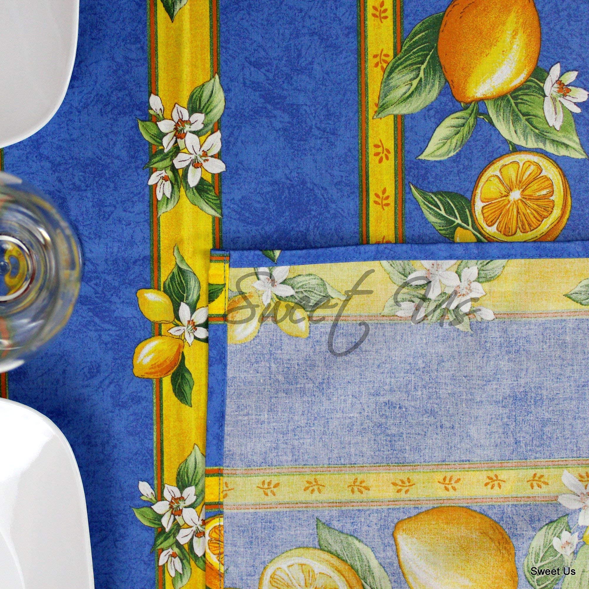 La Cigale Citron Wipeable Spill-Resistant Acrylic Coated Floral Cotton French Provencal Tablecloth - 60 x 116 Inch Blue - Perfect for Indoor Dining & Outdoor Picnics