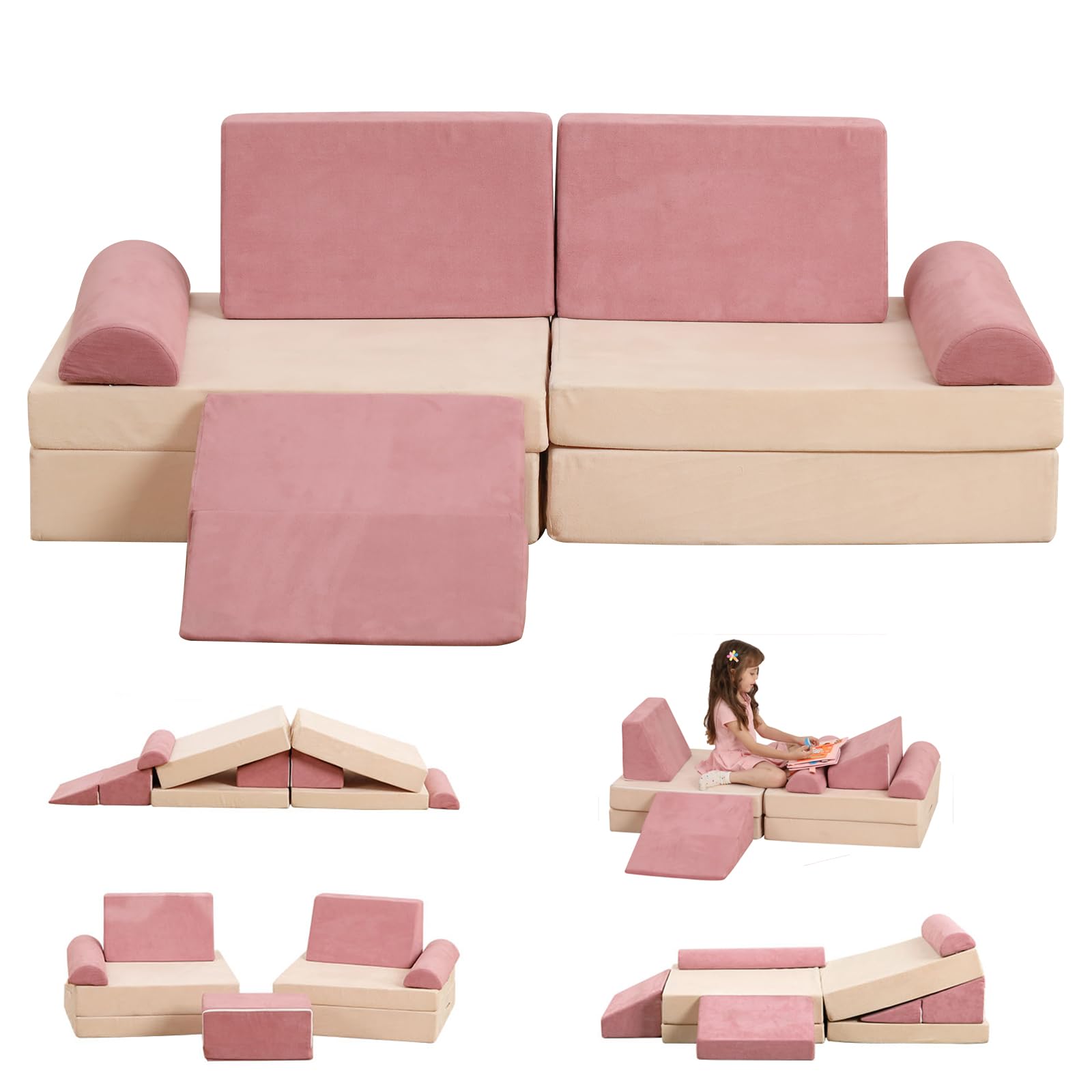 **9PCS Kids Play Couch Sofa Set - Soft Modular Sectional for Playroom, Creative Imaginative Furniture for Boys & Girls Bedroom (Pink) - Perfect for Reading, Lounging & Playtime**