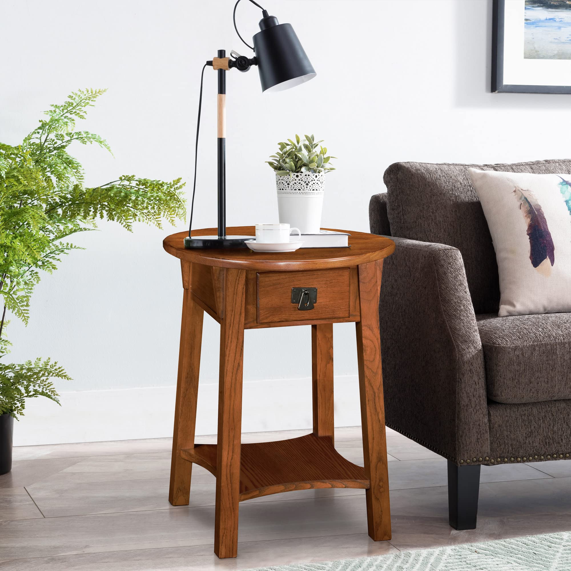 Leick Home 9056-RS Solid Wood Round End Table with Drawer - Rustic Mission Style Side Table for Living Room, Bedroom & Office - Perfect for Holding Lamps, Books & Decor