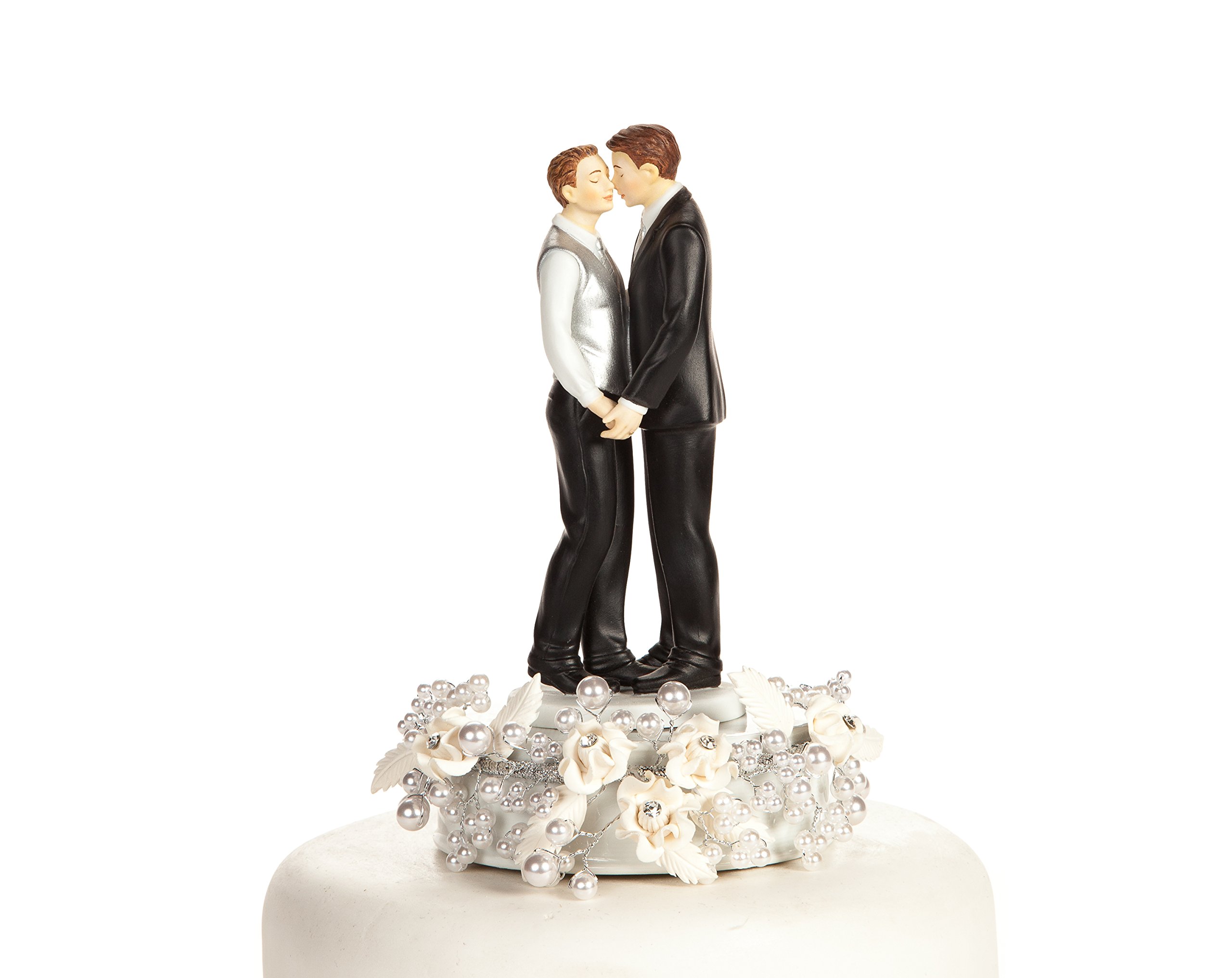 Romantic Gay Rose Pearl Wedding Cake Topper - Elegant Silver or Gold Finish for Same-Sex Weddings | Perfect for Anniversary, Engagement & LGBTQ+ Celebration Cakes