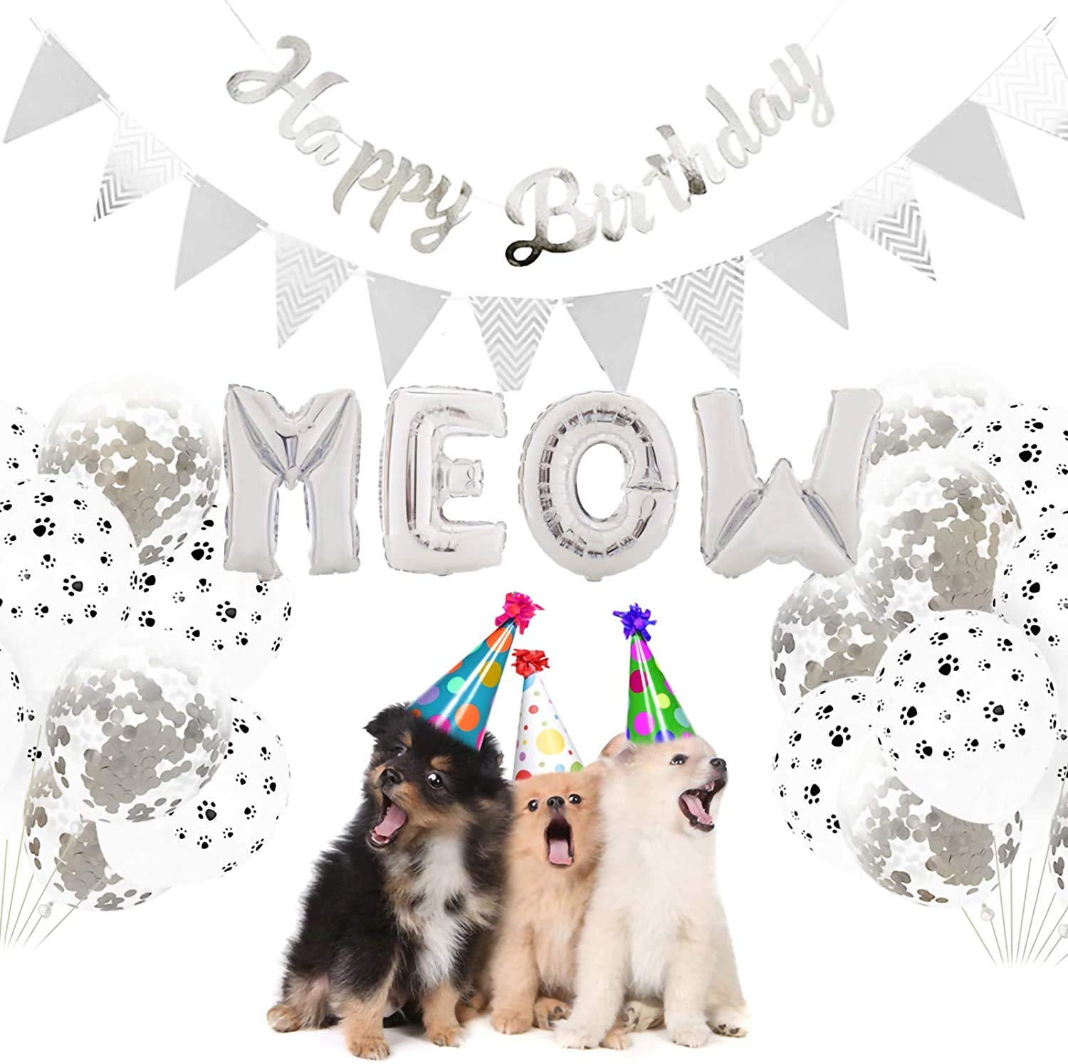 Cat Birthday Party Decorations - Meow Letter Balloons, Cat Paw Print Balloons & Happy Birthday Banner | Pet Birthday Party Supplies for Cat Lovers | Perfect for Kitty Themed Birthday Celebrations & Pet Adoption Parties