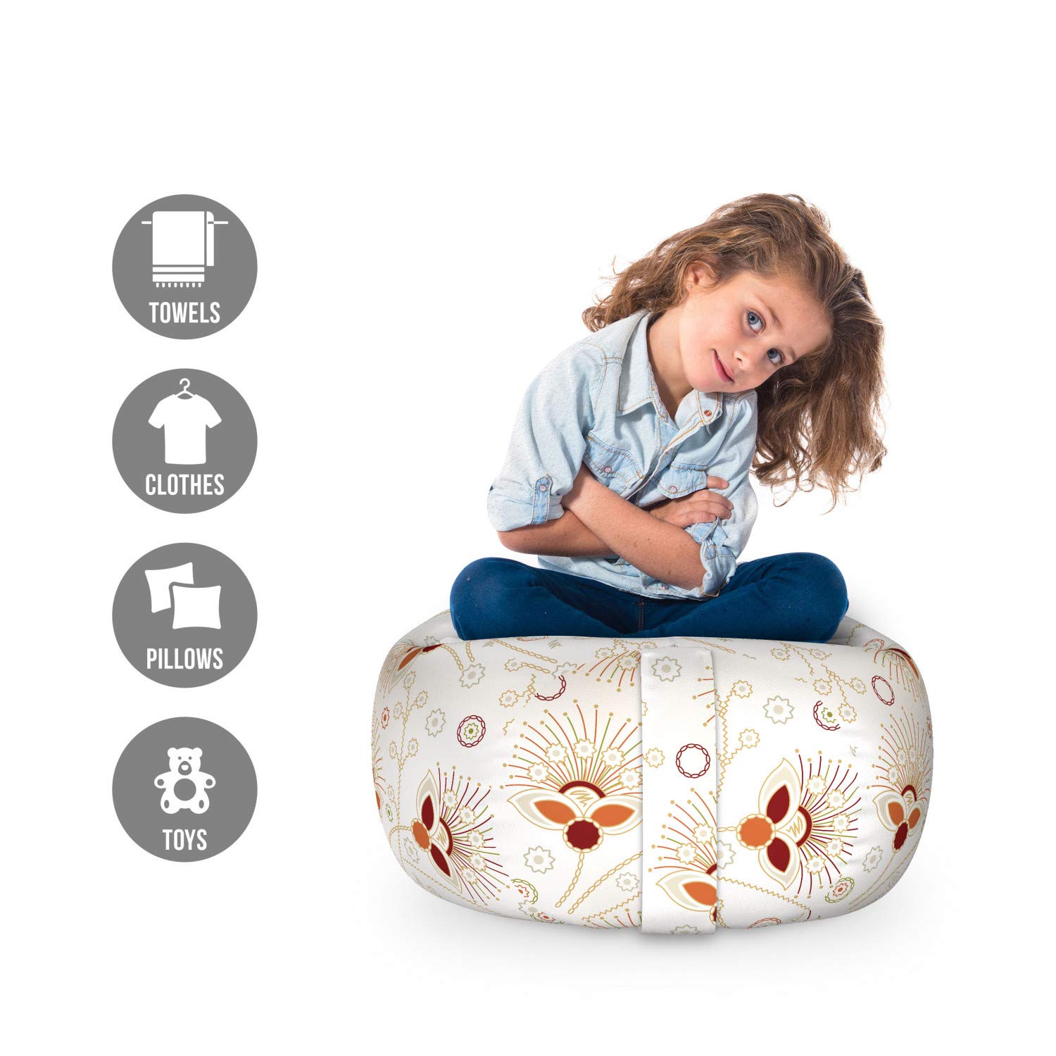 Ambesonne Abstract Toy Storage Bag Chair - Chevron Zigzag Pattern with Ornate Floral Petals Design, Washable Stuffed Animal Organizer for Kids Room, Small Size in Burgundy Orange Cream - Perfect for Nursery, Playroom & Bedroom Organization