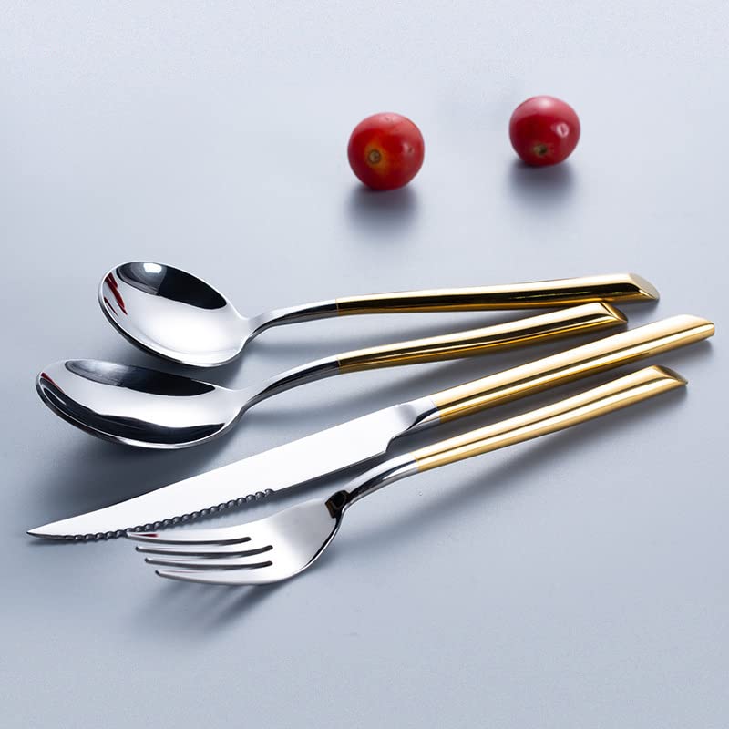 Premium 16-Piece Stainless Steel Silverware Set for 4 - Mirror Polished Gold Plated Flatware with Steak Knives, Forks & Spoons | Dishwasher Safe Cutlery Set for Dining, Parties & Gifting