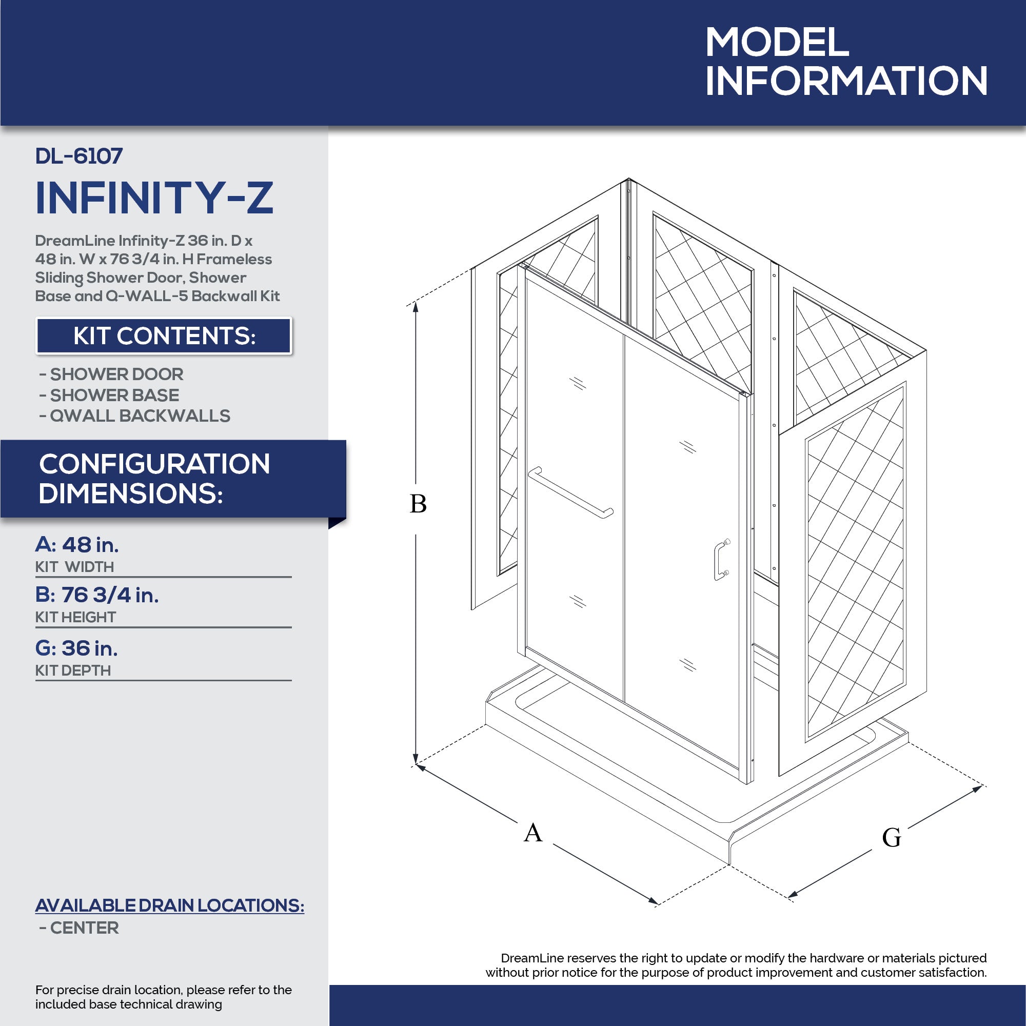 DreamLine Infinity Z 36x48x76.75 Inch Semi-Frameless Sliding Shower Door with Clear Glass, Shower Base & Q WALL 5 Backwall Kit - Modern Bathroom Upgrade for Home & Spa Experience