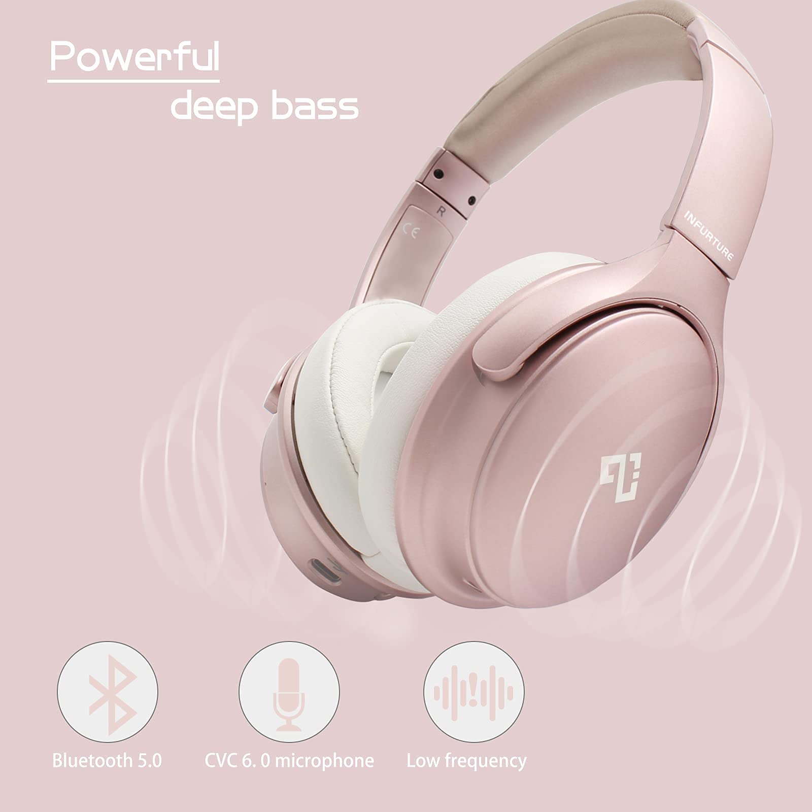 INFURTURE CH1 Kids Headphones with Microphone - Pink Bluetooth Headphones with Active Noise Cancelling for School, Travel & Gaming | Safe Volume Limit for Children