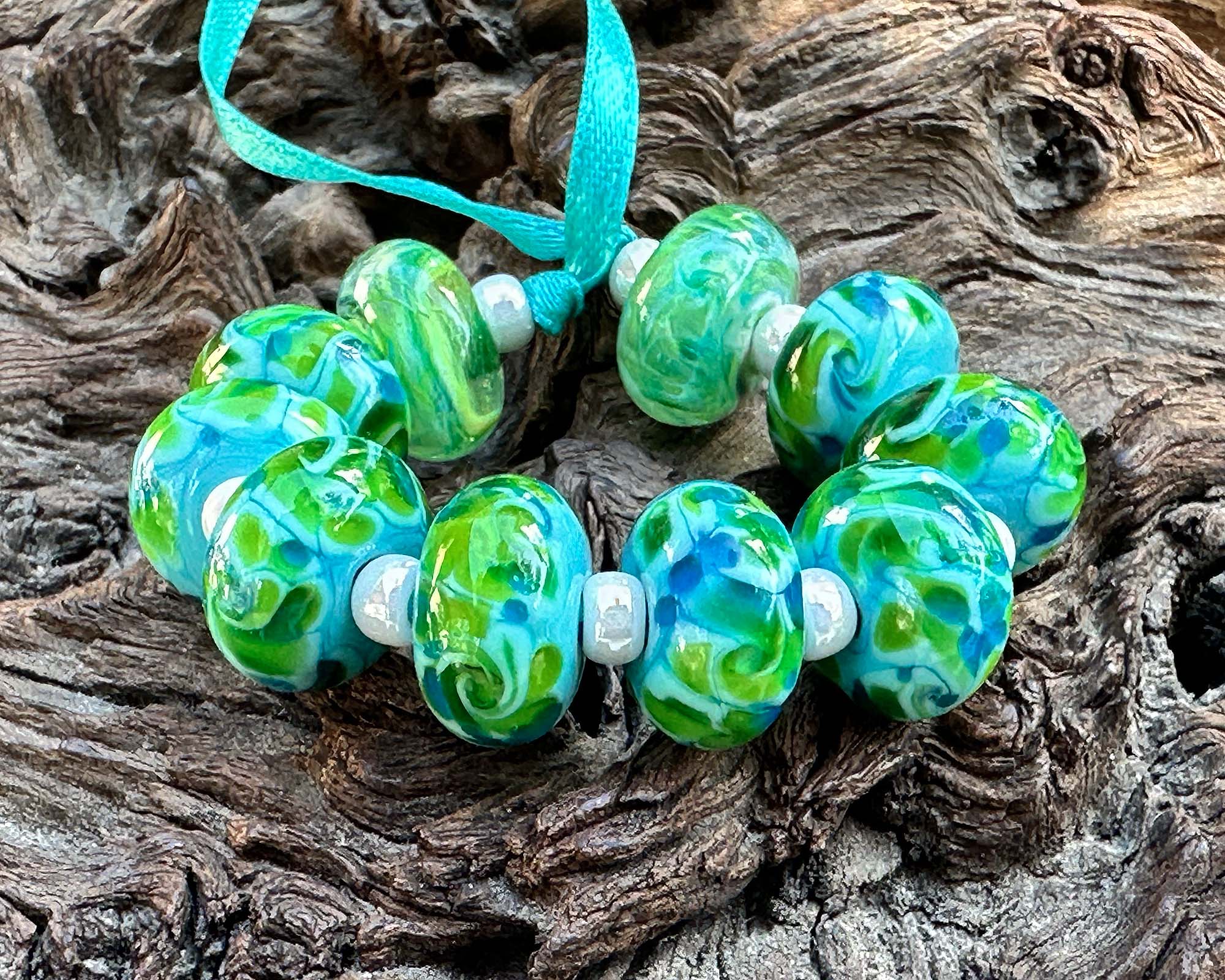 10pcs Ocean Breeze Green Glass Lampwork Beads Set - Handmade SRA Certified Beads for Jewelry Making, DIY Crafts & Home Decor | Perfect for Necklaces, Bracelets and Scrapbooking Projects