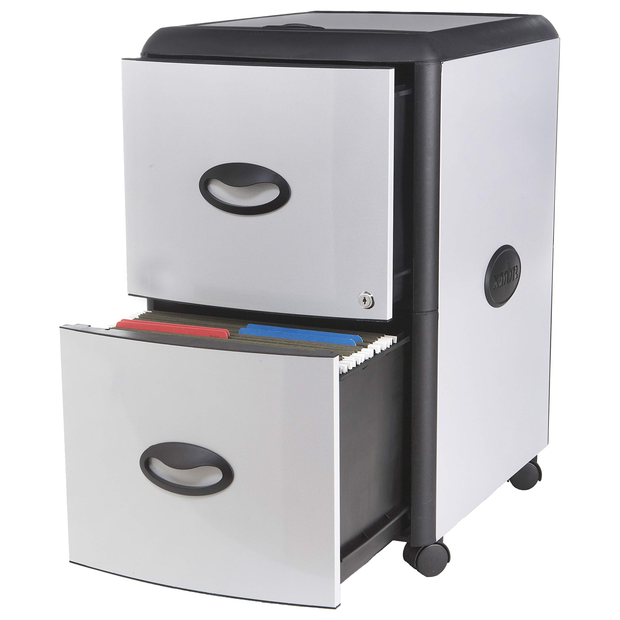 Storex 2-Drawer Mobile File Cabinet with Roll Top - Gray/Black Plastic Storage Organizer with Metal Accents, 19 x 15 x 25 Inches - Perfect for Office, Home, or Classroom Organization