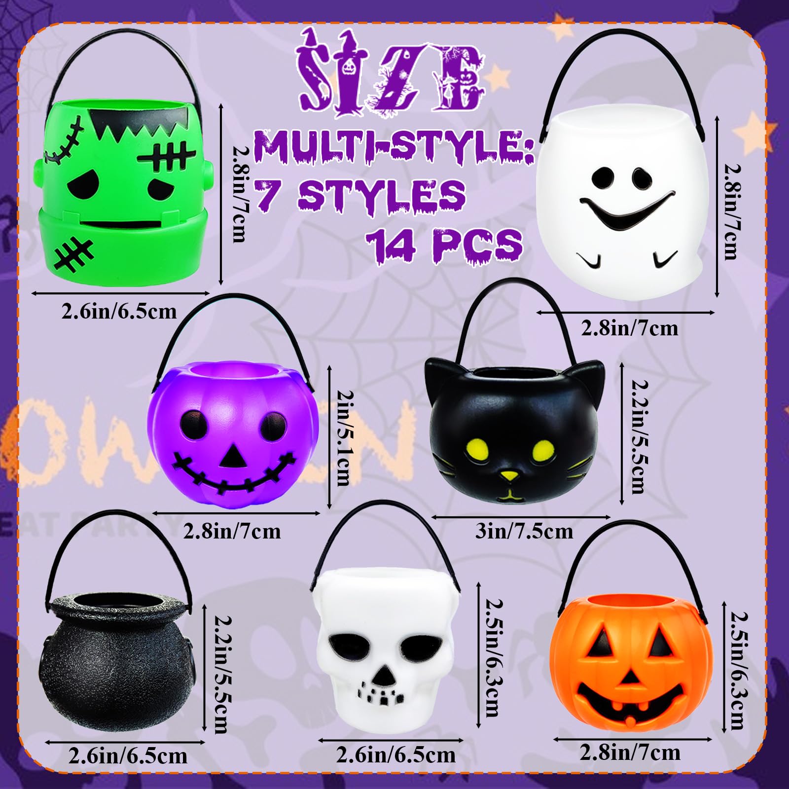 14 PCS Mini Halloween Candy Holder Set - Portable Pumpkin Ghost Cauldron Bucket with Candy Bags & Black Wire Ties | Halloween Party Supplies for Kids | Perfect for Trick or Treat, Classroom Parties & Neighborhood Halloween Events