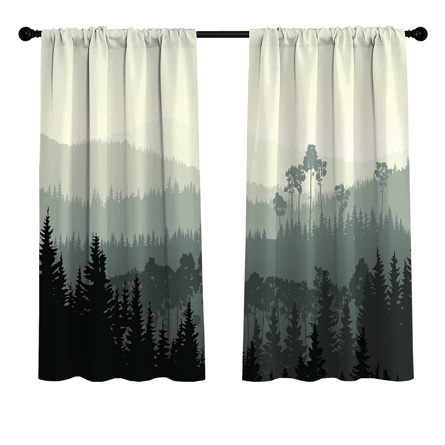 Forest Window Curtains - Pine Tree Valley & Mystic Forest Nature Themed Drapes for Bedroom, Living Room & Nursery | Eggshell & Sage Green Home Decor | Perfect for Cozy Cabin, Rustic Lodge or Nature-Inspired Interior Design