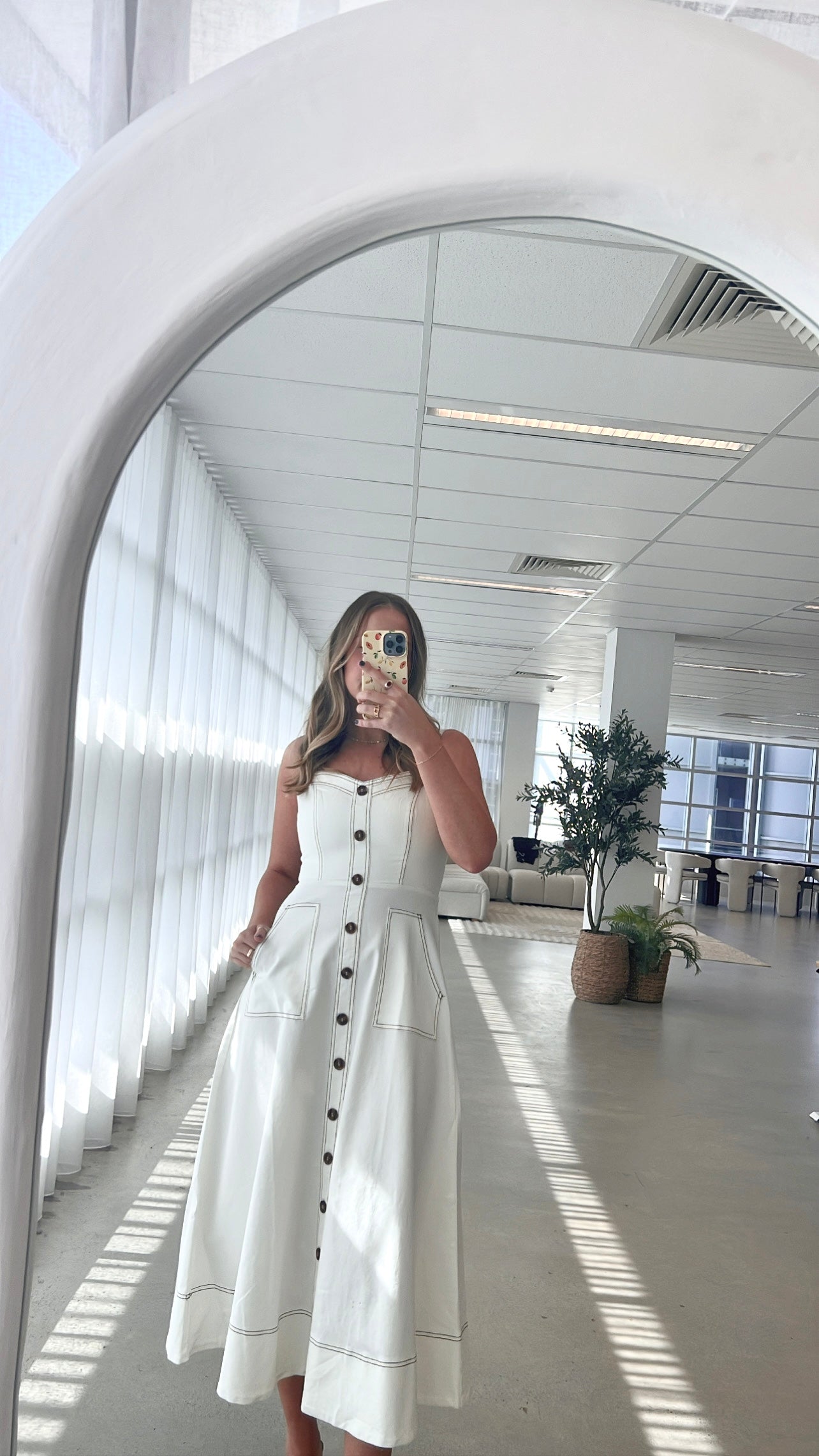 Indigo Midi Dress for Women - White Denim Casual Summer Dress with Pockets | Perfect for Beach, Brunch & Date Nights