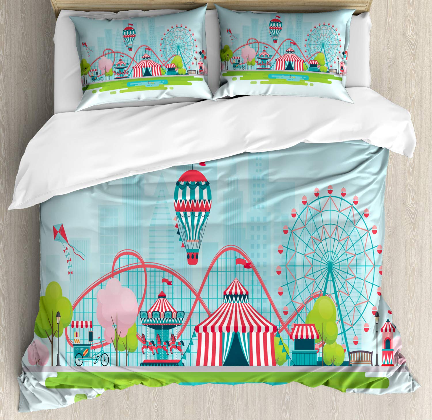 Ambesonne Ferris Wheel Duvet Cover Set - Vibrant Urban Carnival Theme with Circus Tents, Hot Air Balloons & Rollercoaster - 3 Piece King Size Bedding Set Includes 2 Pillow Shams - Perfect for Theme Bedrooms, Kids Rooms & Circus-Themed Decor