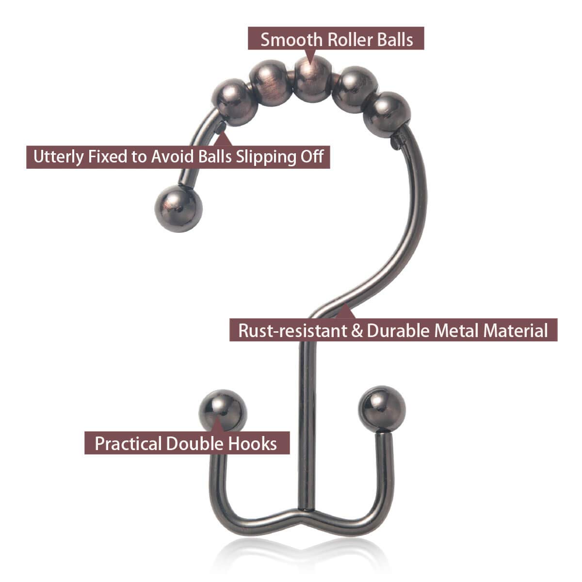 Rust-Resistant Bronze Shower Curtain Hooks - 12 Pack Metal Double Glide Roller Rings for Bathroom Curtain Rods | Durable & Smooth Sliding for Daily Shower Use