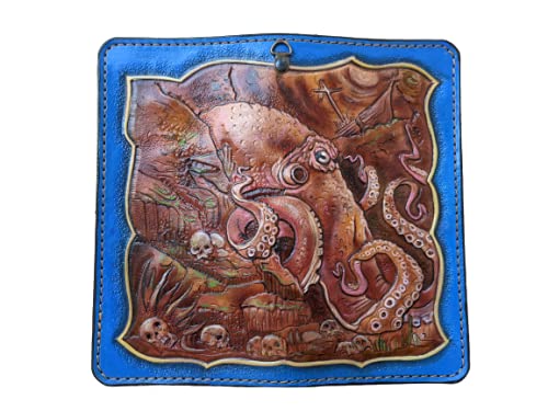 Handcrafted 3D Genuine Leather Men's Wallet - Biker Style Long Wallet with Intricate Octopus Carving & Custom Personalization | Perfect for Motorcycle Enthusiasts & Unique Gift Giving