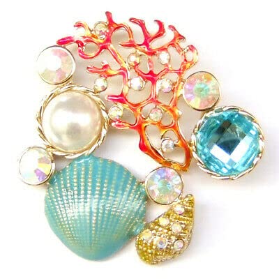 Elegant Vintage Shell Beach Brooch - Orange, Pink, Red, Coral, Blue & Gold Pearl Nautical Pin for Women | Rhinestone Floral Crystal Embellishment | Perfect for Suits, Jackets & Dresses | Great Gift for Mother's Day, Birthdays & Weddings