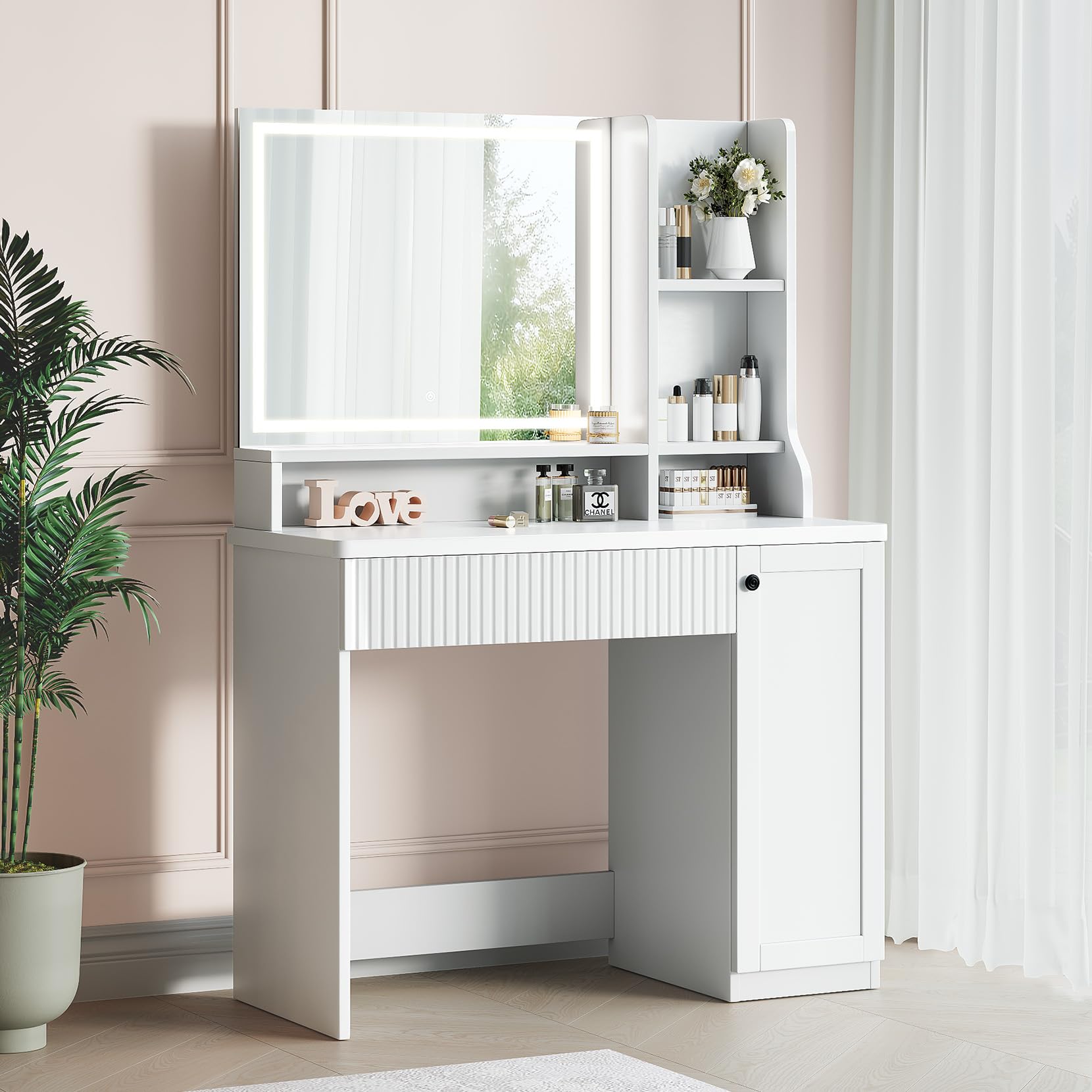 Dripex Makeup Vanity Desk with Mirror & Adjustable LED Lights - White Dressing Table with Drawer & Cabinet for Bedroom, Perfect for Makeup, Skincare & Hair Styling at Home