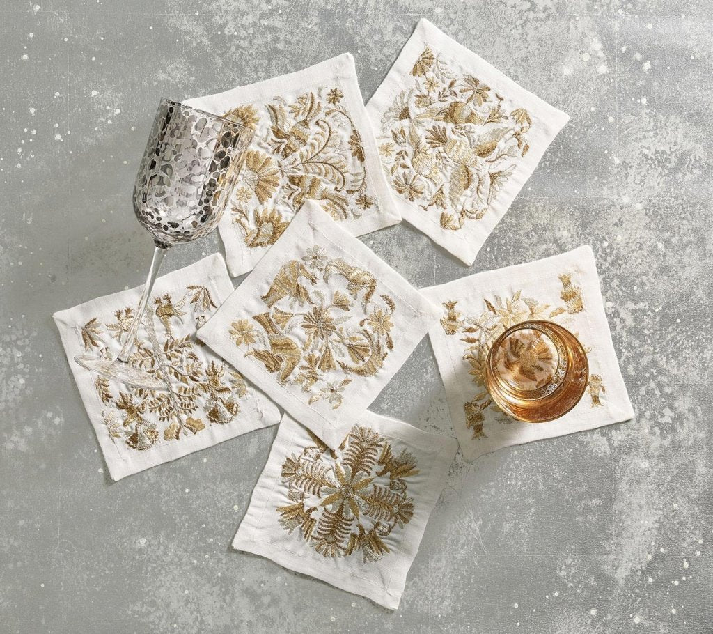 Premium Otomi Gold & Silver Cocktail Napkins - Set of 6 in Elegant Gift Box - Perfect for Parties, Weddings & Home Decor